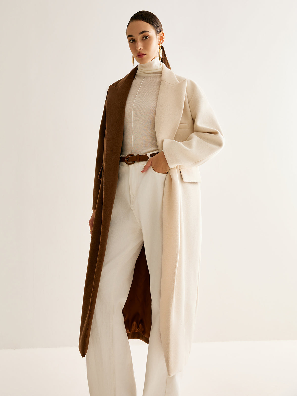 Two-Tone Slit Tweed Long Coat-Massicos