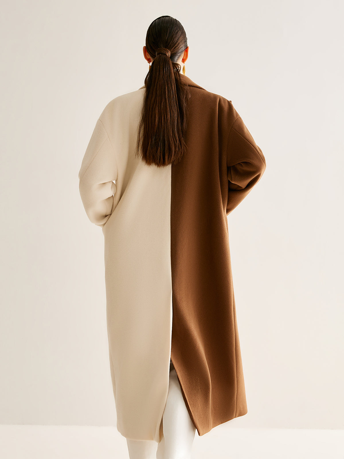 Two-Tone Slit Tweed Long Coat-Massicos