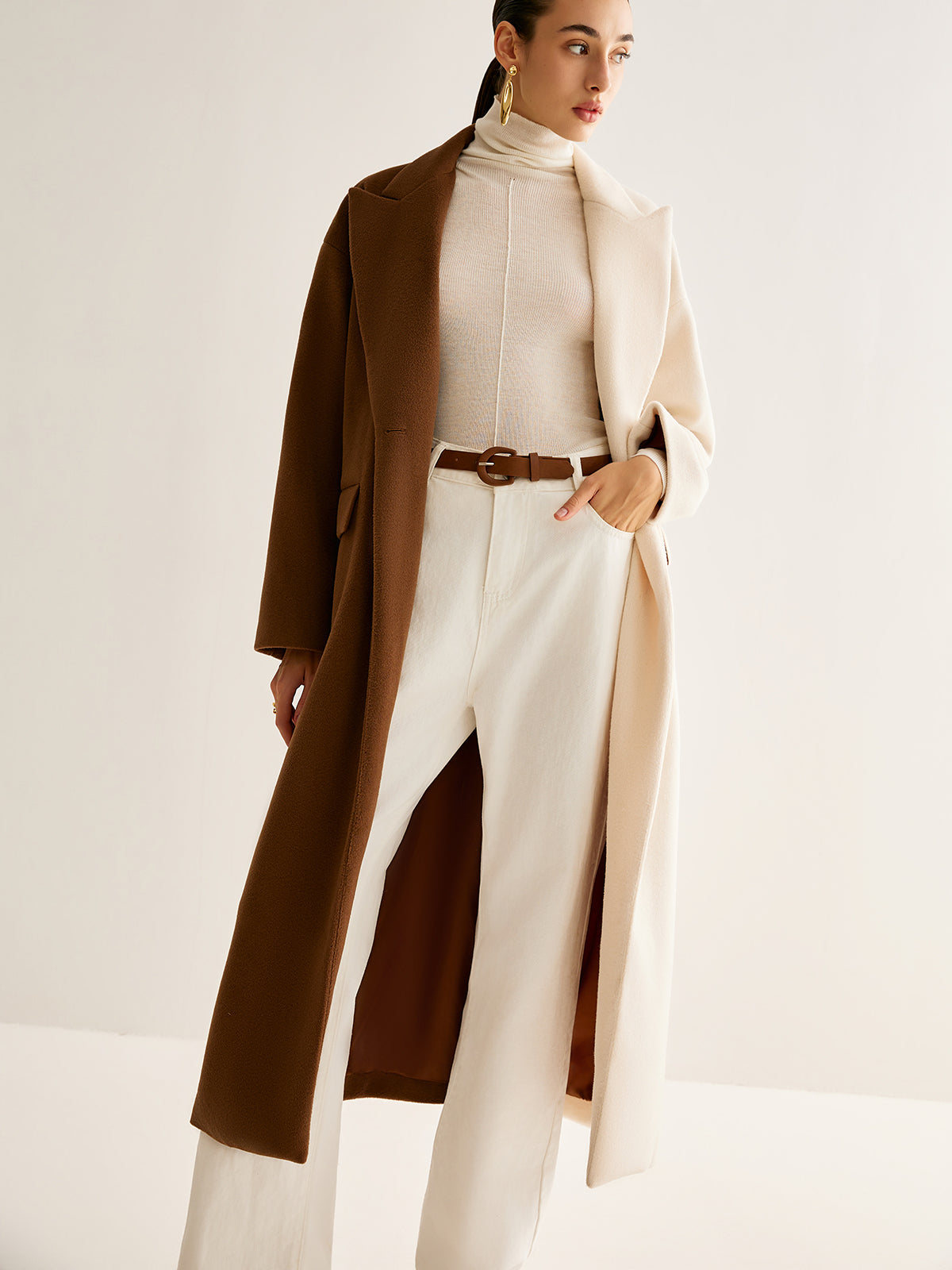 Two-Tone Slit Tweed Long Coat-Massicos