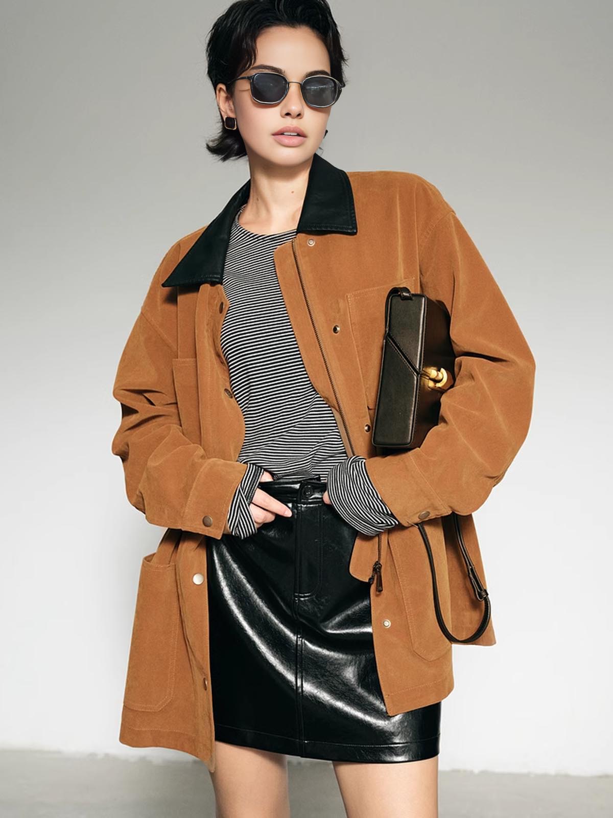 Contrast Collar Oversized Suede Jacket-Massicos