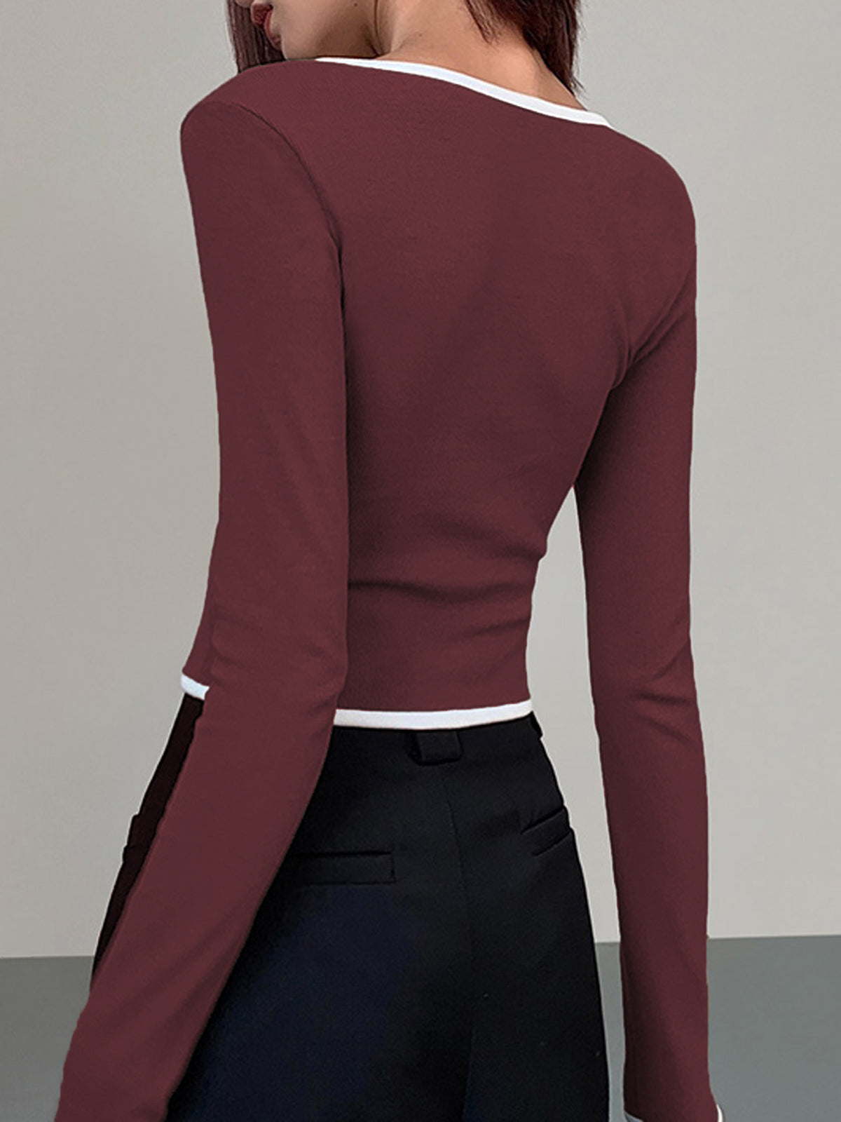 Square Neck Contrast Trim Long Sleeve Knit Shirt-Massicos