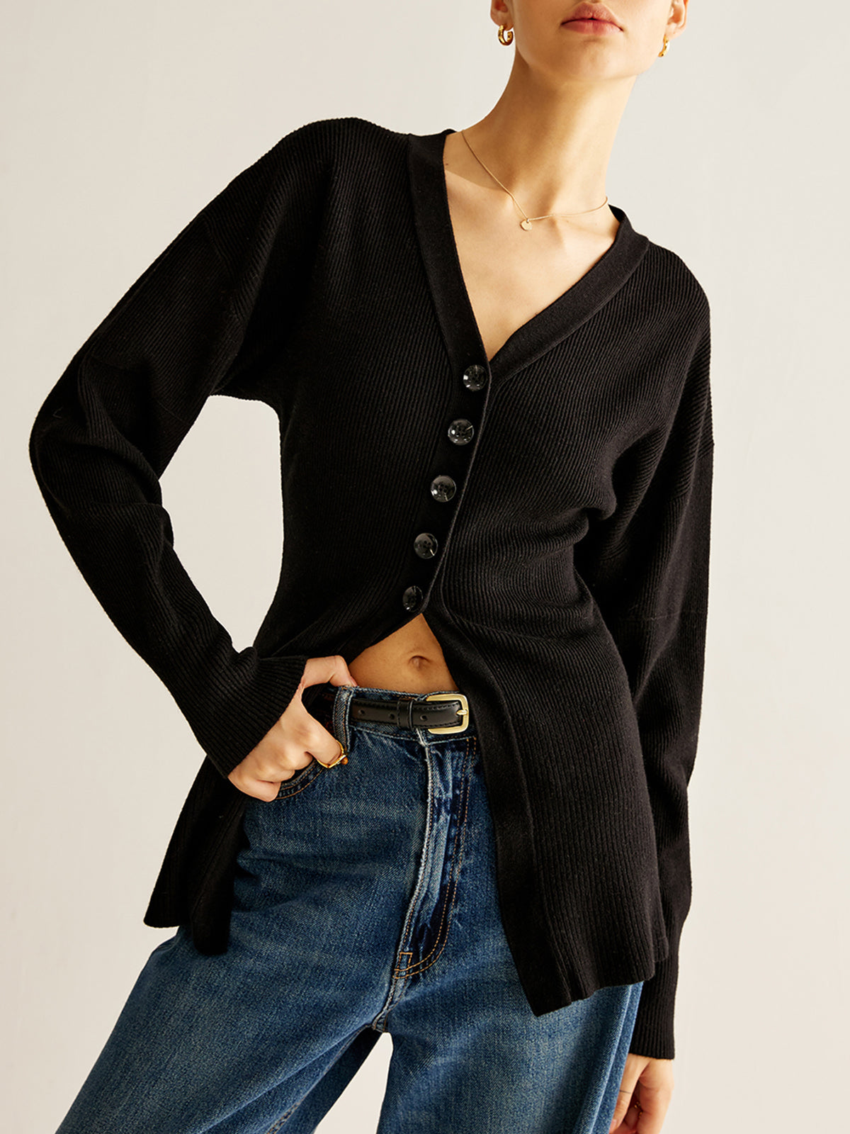 V-Neck Button Slit Cardigan-Massicos