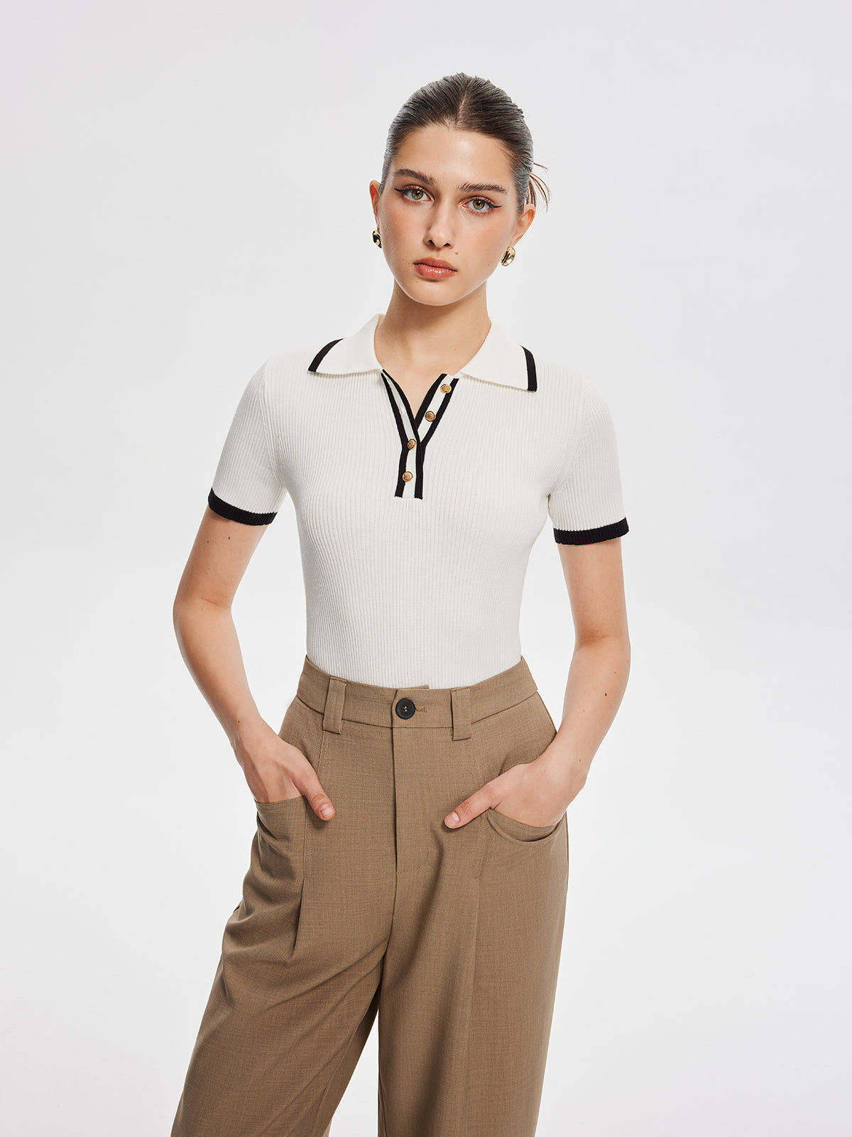 Contrast Trim Metal Button Knit Top-Massicos