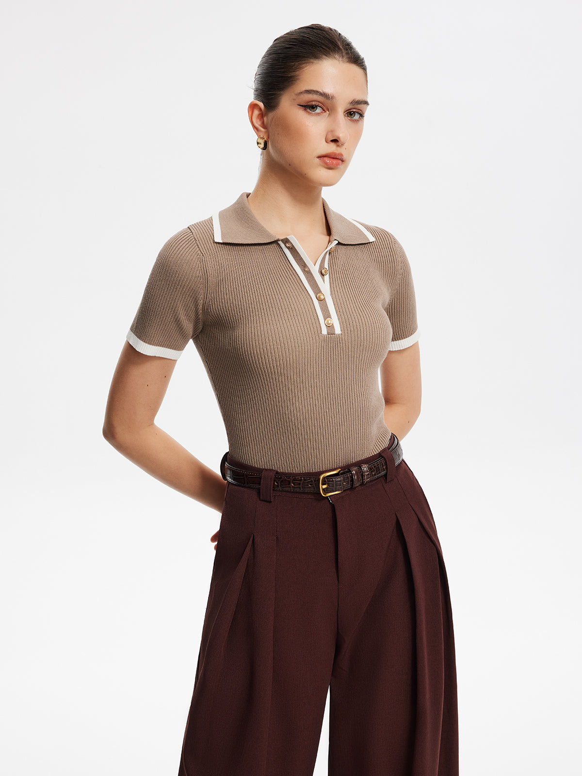 Contrast Trim Metal Button Knit Top-Massicos