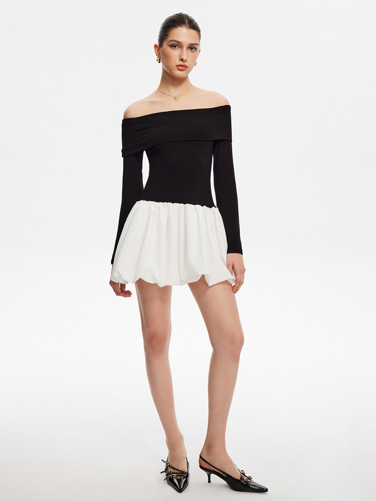 Two Tone Off Shoulder Bubble Short Dress-Massicos