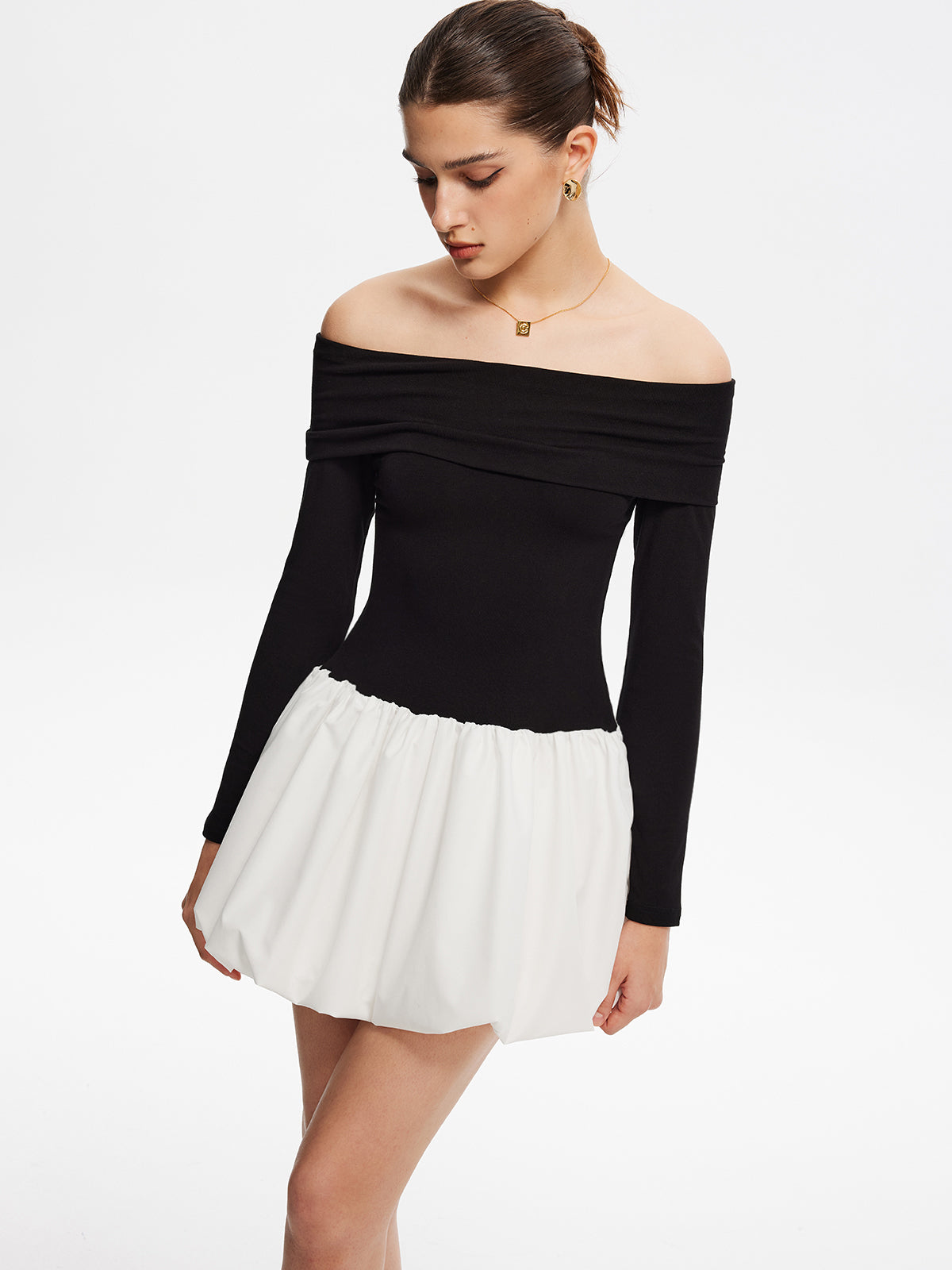 Two Tone Off Shoulder Bubble Short Dress-Massicos