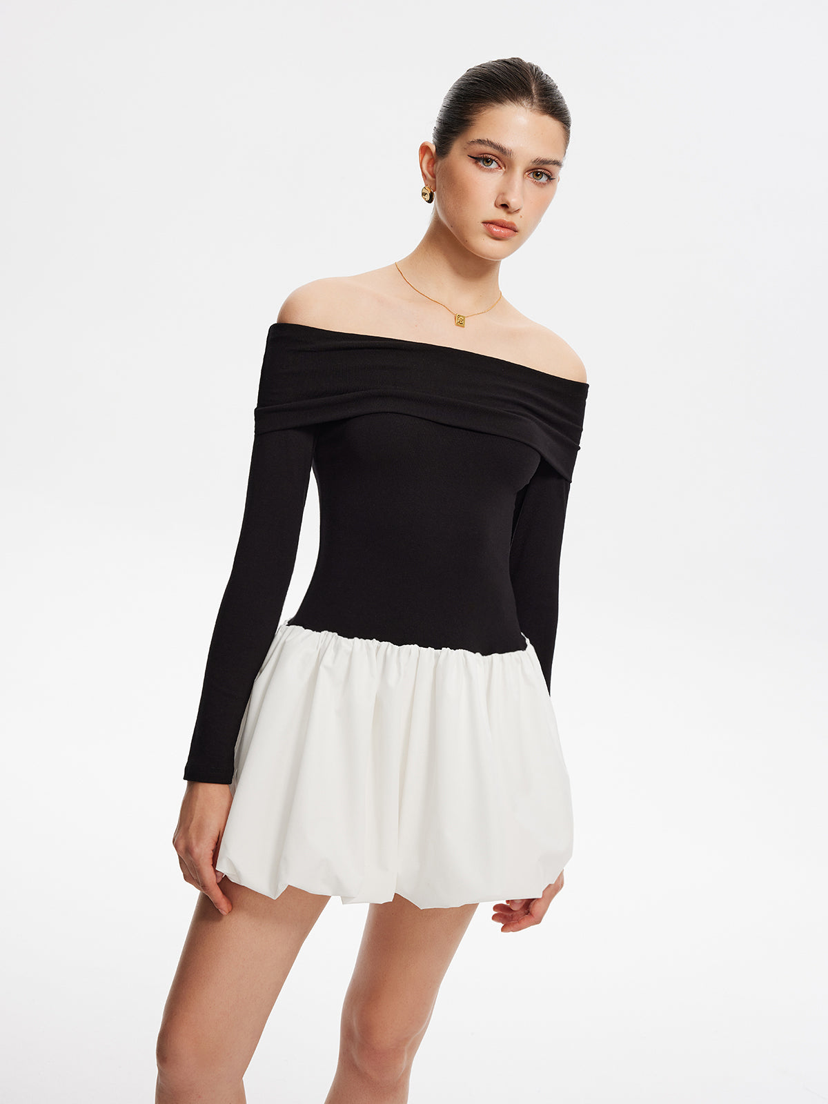 Two Tone Off Shoulder Bubble Short Dress-Massicos