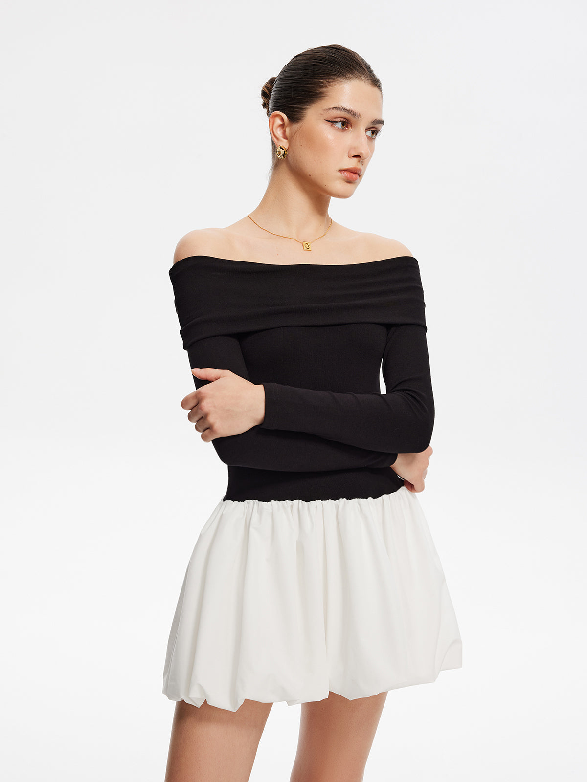 Two Tone Off Shoulder Bubble Short Dress-Massicos