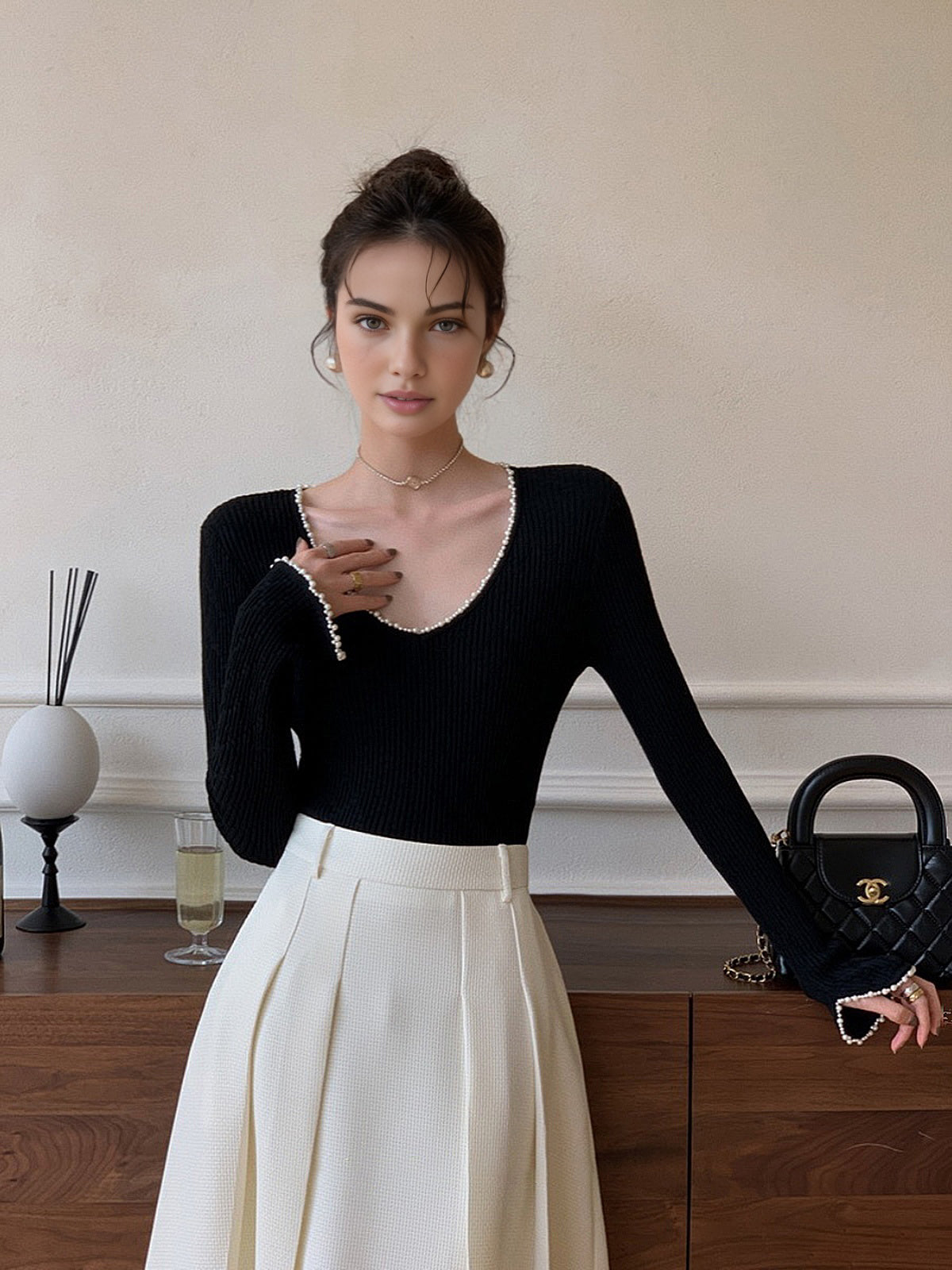 V-Neck Pearl Trim Knit Top-Massicos