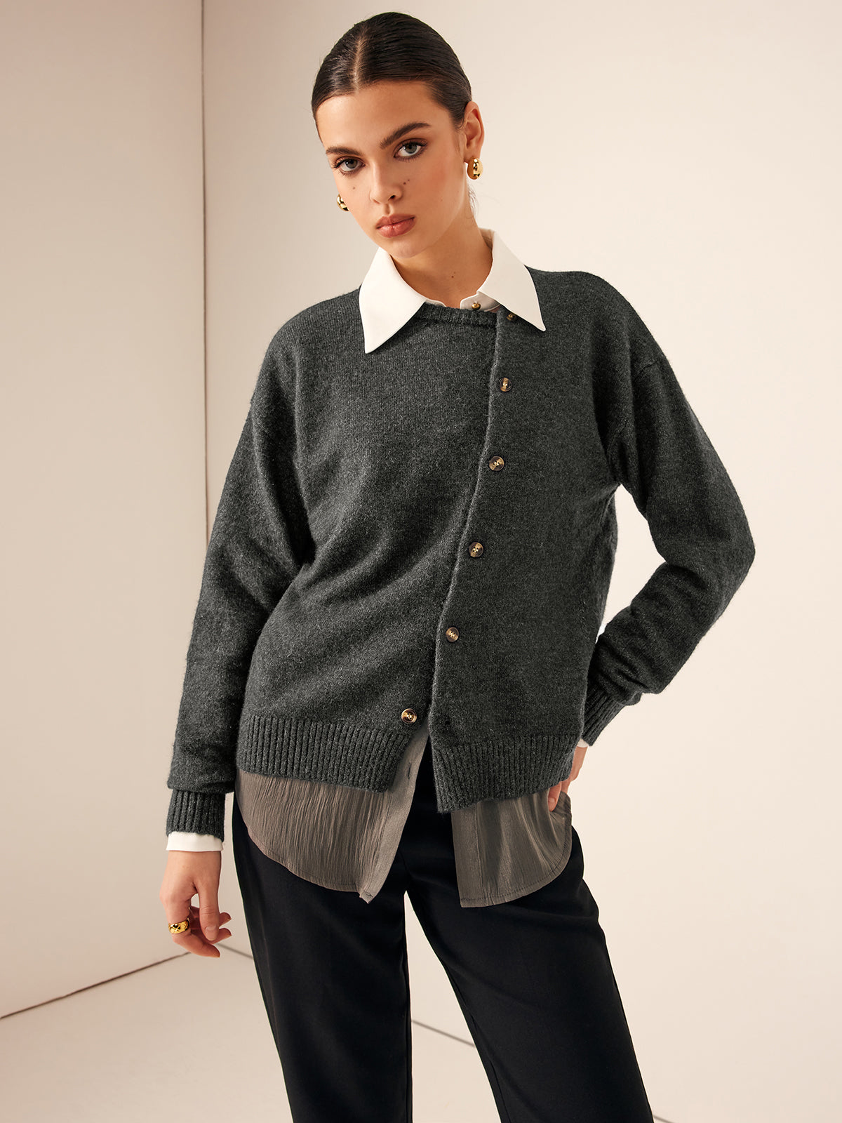 Asymmetrical Button-Down Crew Neck Cardigan-Massicos