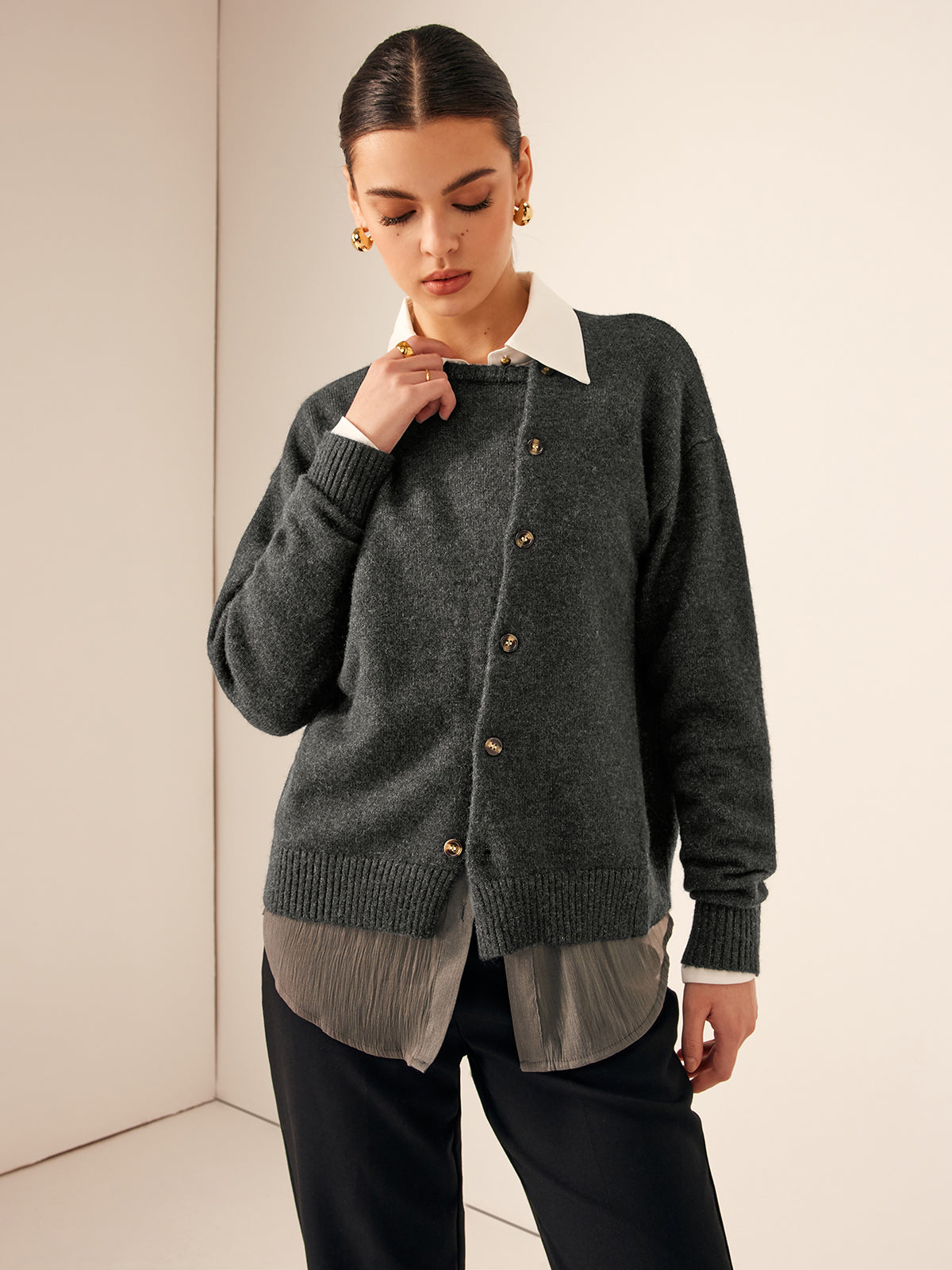 Asymmetrical Button-Down Crew Neck Cardigan-Massicos