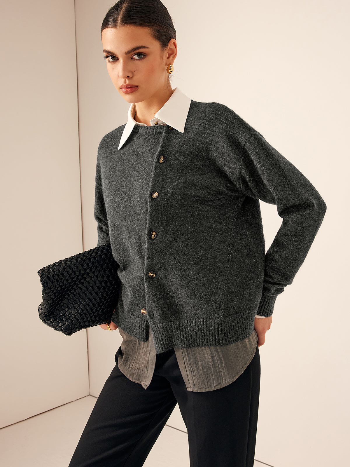 Asymmetrical Button-Down Crew Neck Cardigan-Massicos