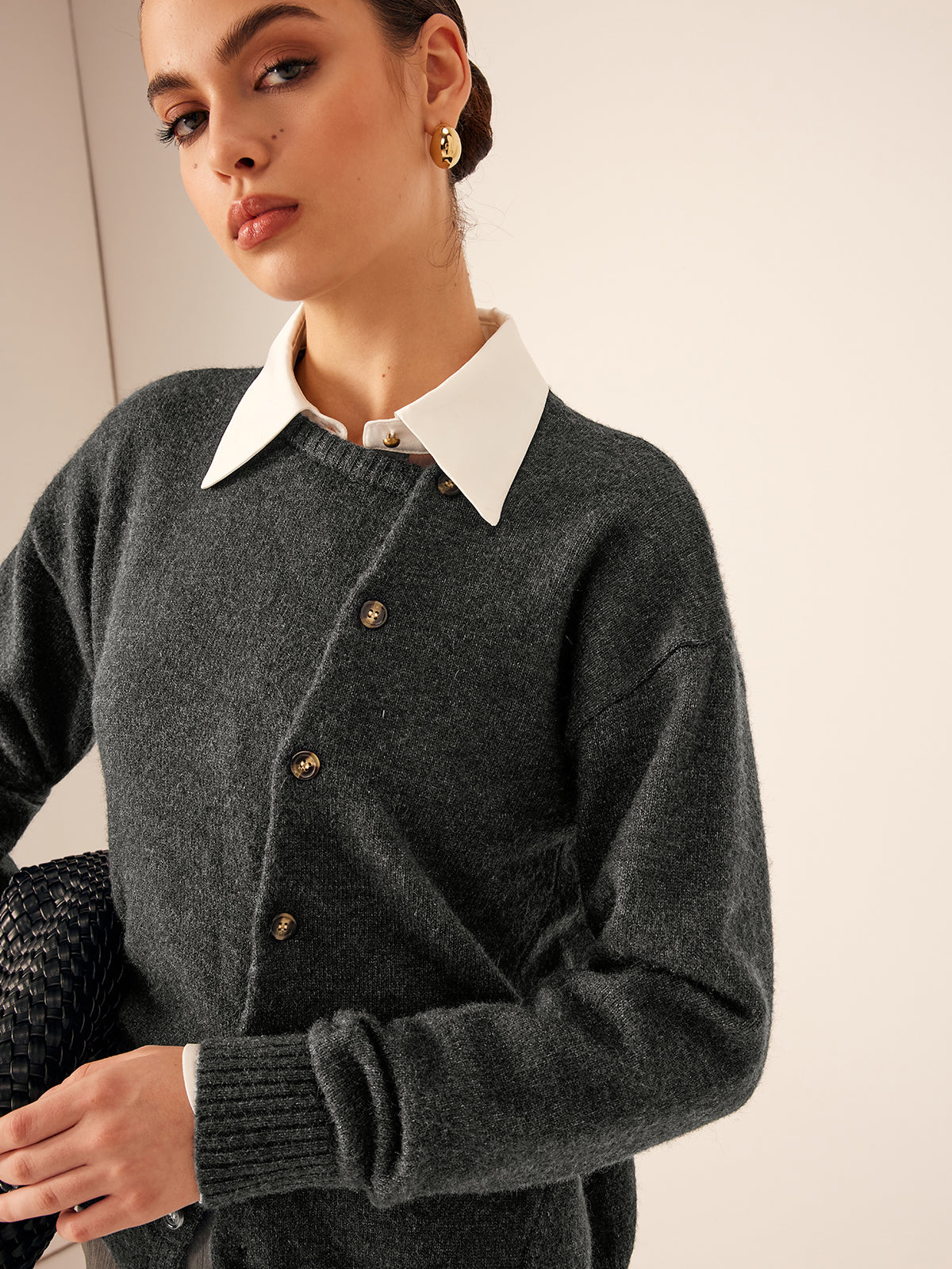 Asymmetrical Button-Down Crew Neck Cardigan-Massicos