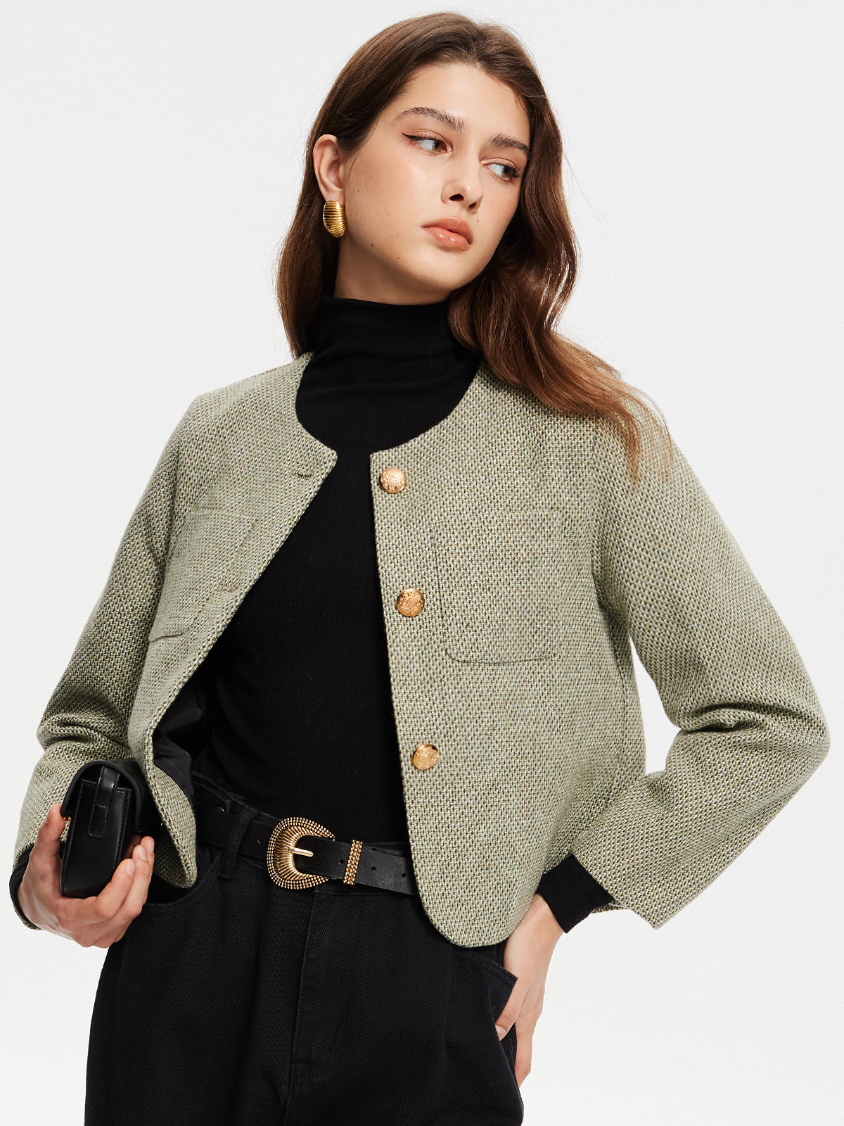Round Neck Pockets Tweed Jacket-Massicos