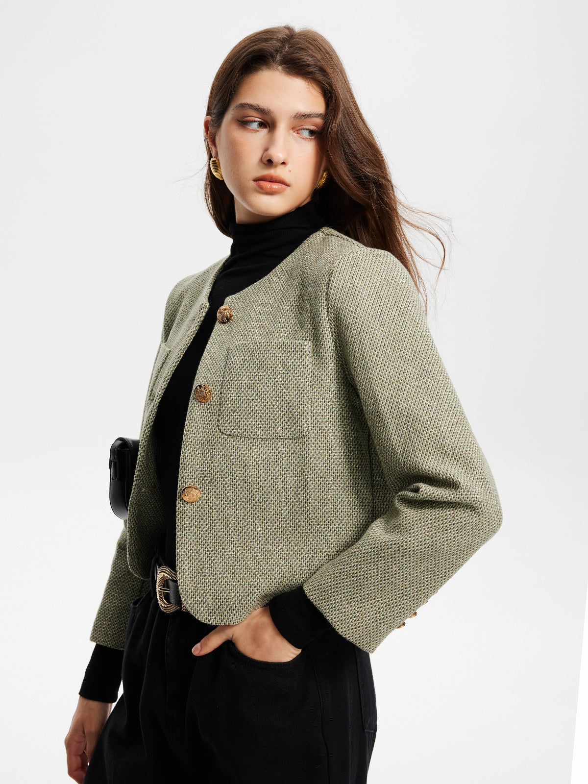 Round Neck Pockets Tweed Jacket-Massicos