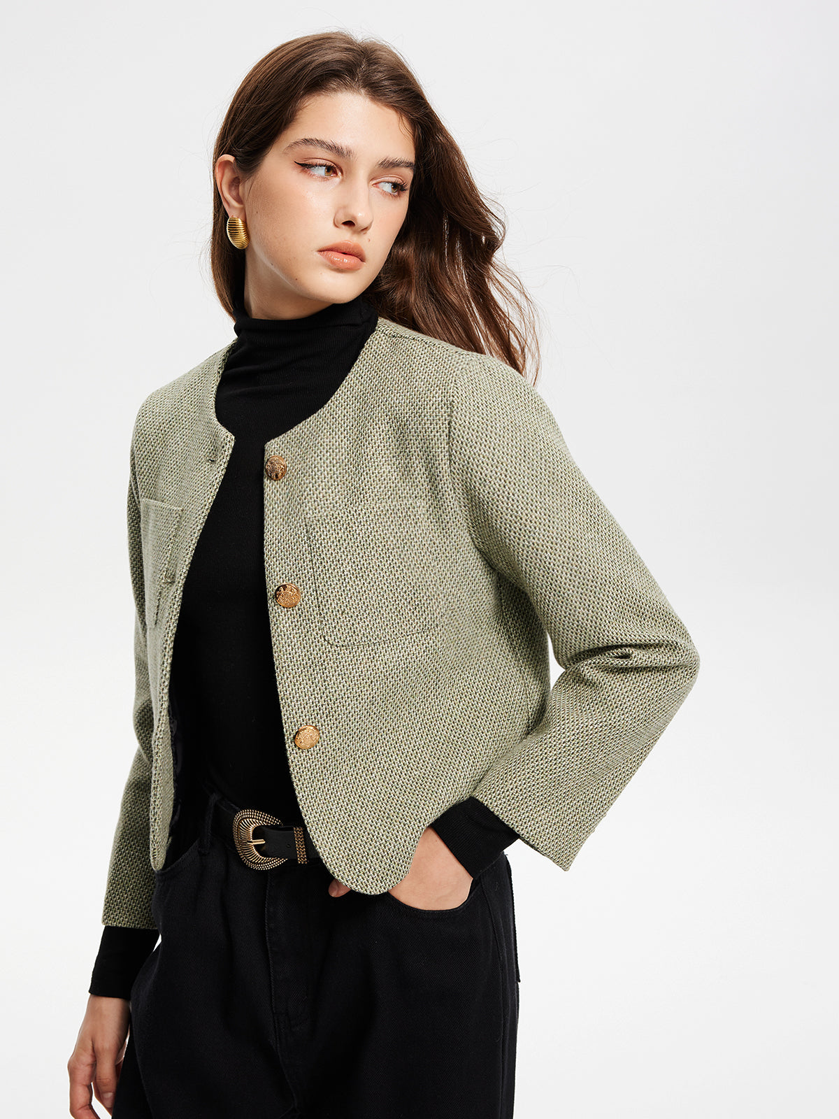 Round Neck Pockets Tweed Jacket-Massicos