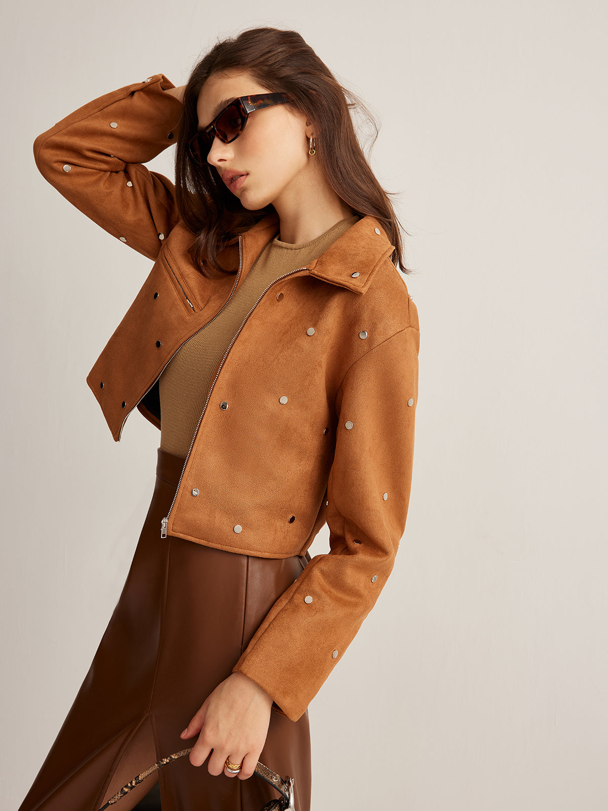 Studded Zipper Crop Jacket-Massicos