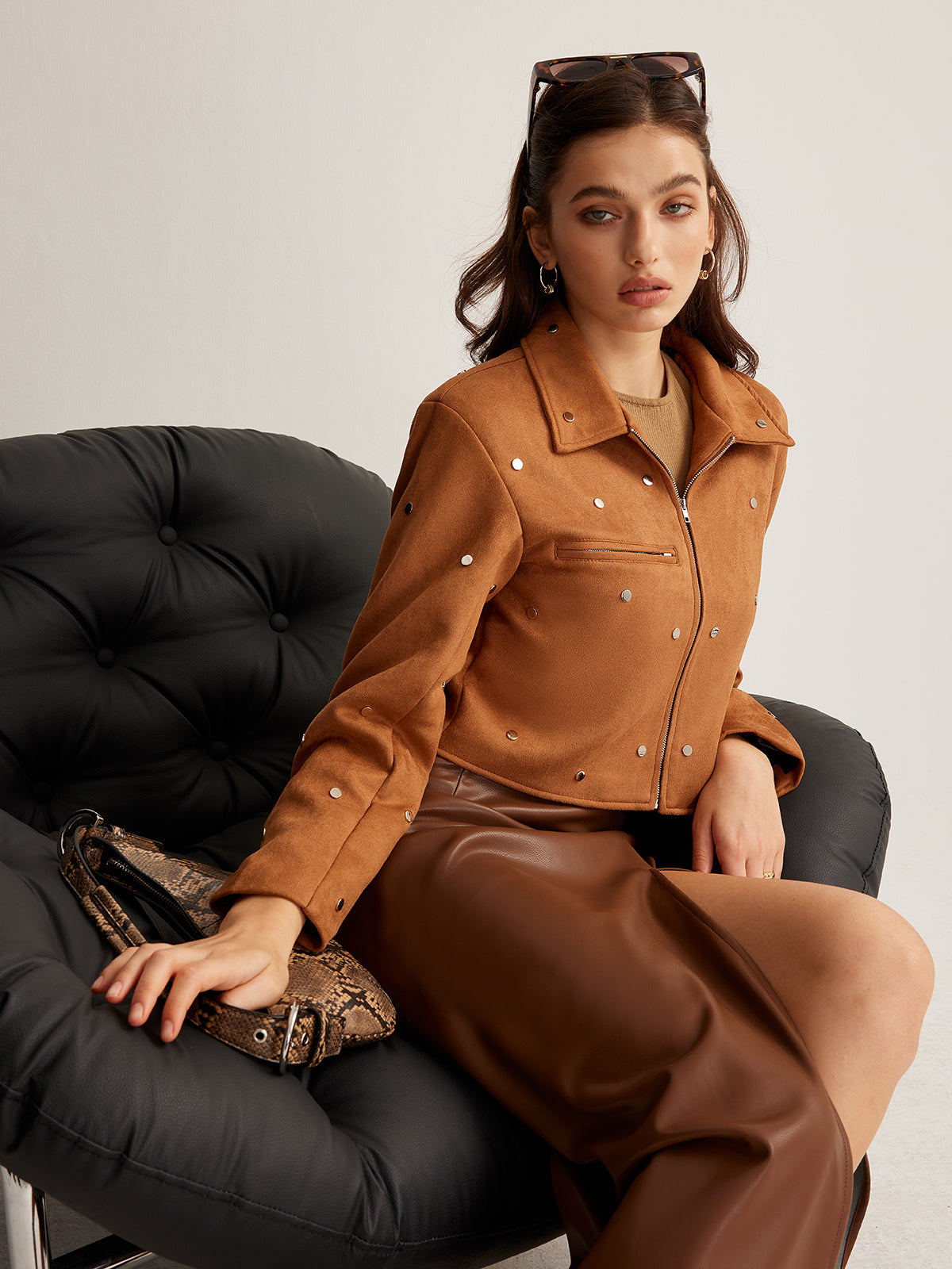 Studded Zipper Crop Jacket-Massicos
