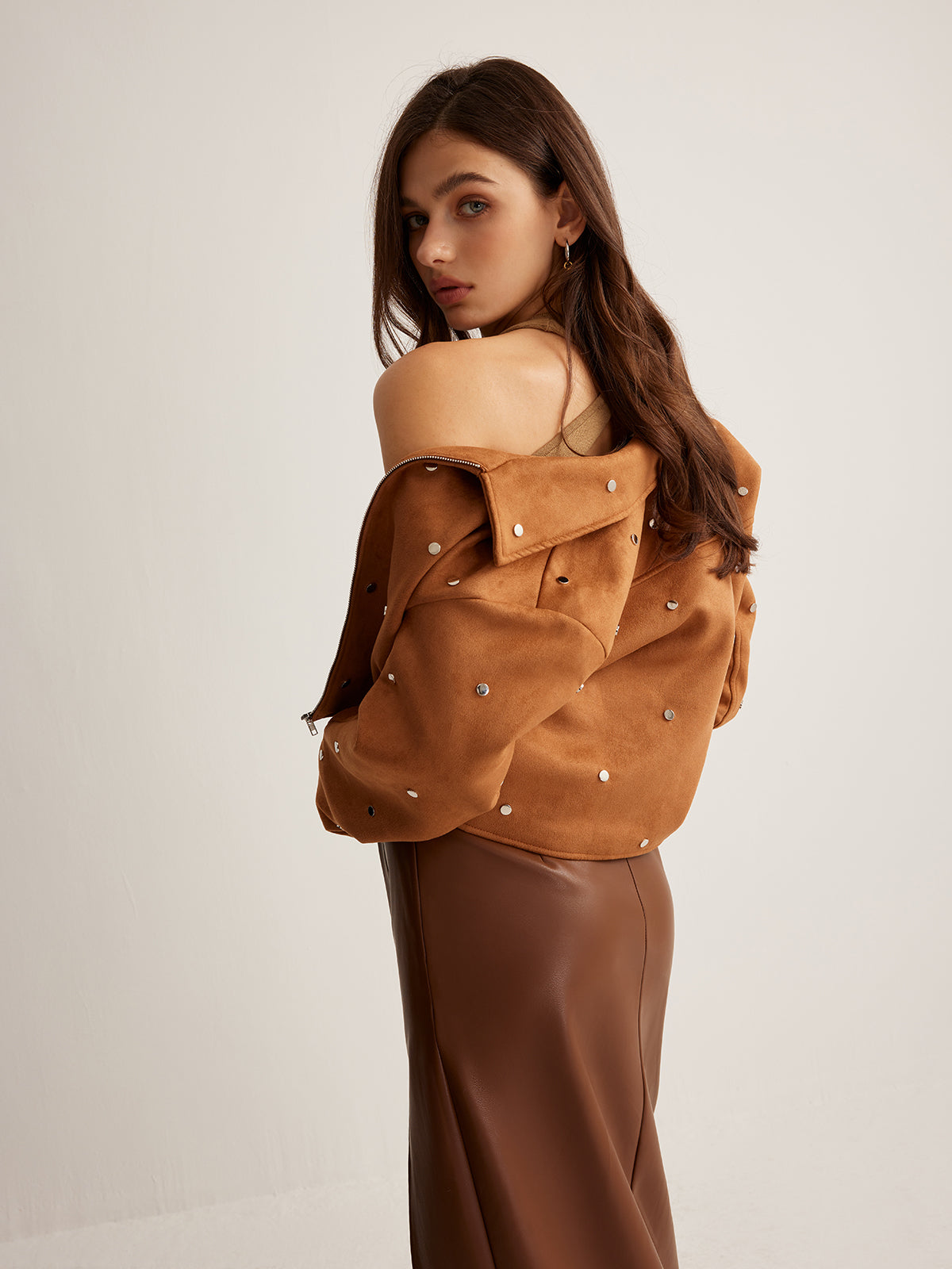 Studded Zipper Crop Jacket-Massicos