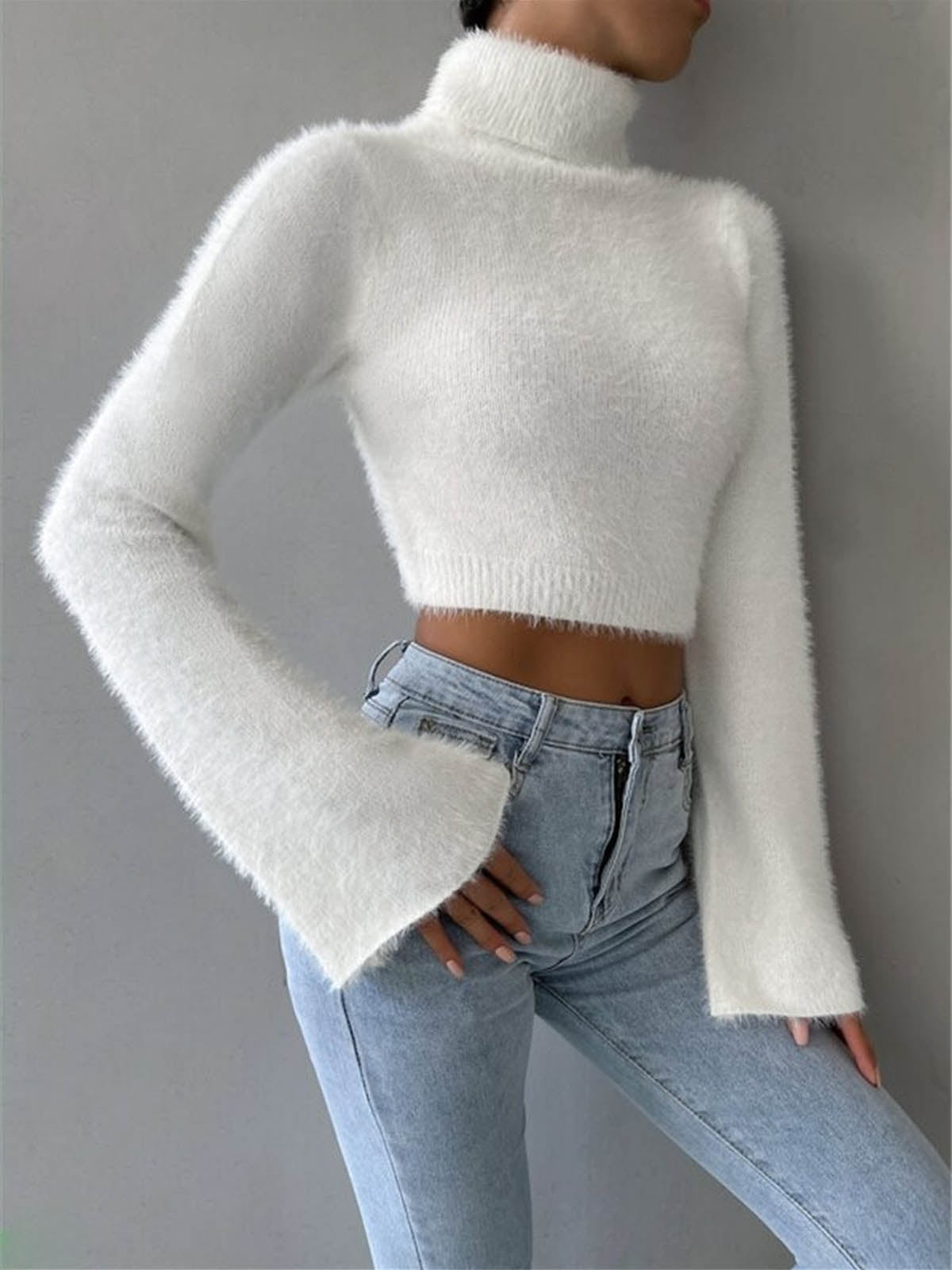 Turtleneck Fuzzy Crop Knit Top-Massicos