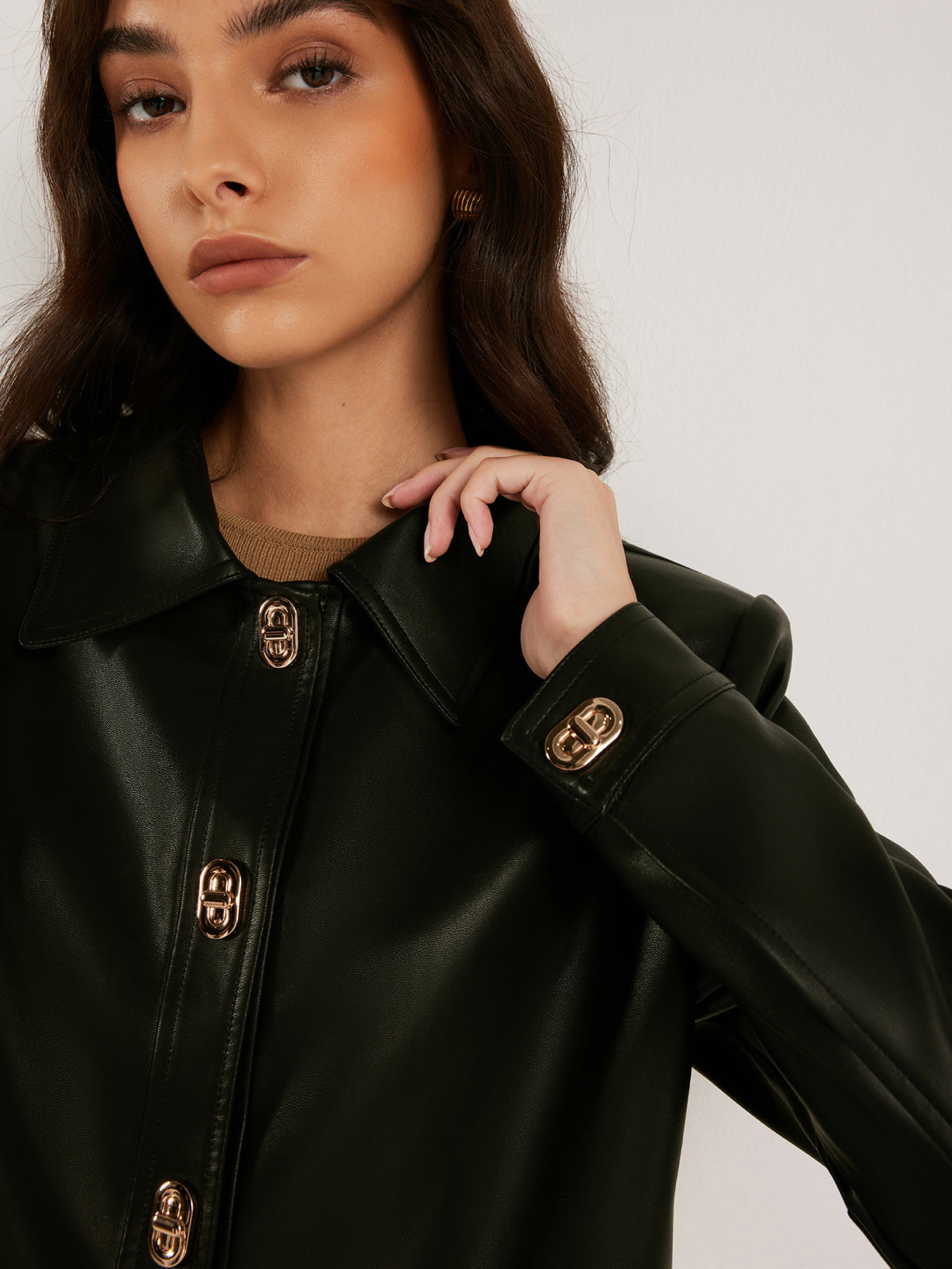 Metal-Button PU Leather Short Jacket-Massicos