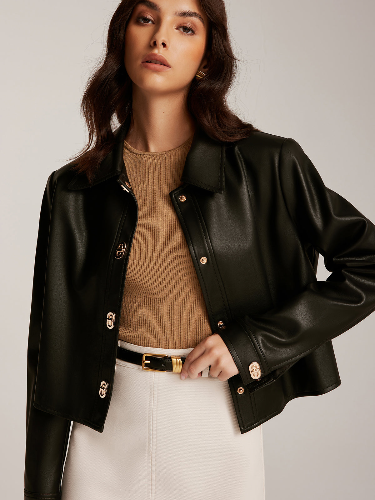 Metal-Button PU Leather Short Jacket-Massicos