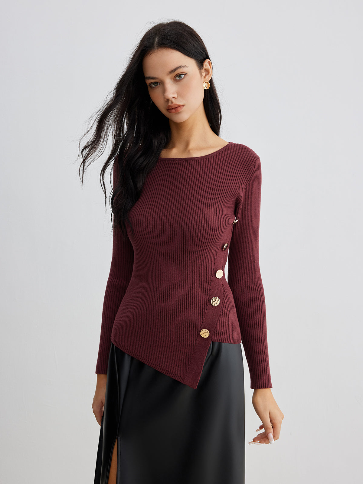 Asymmetrical Ribbed Slim Sweater-Massicos