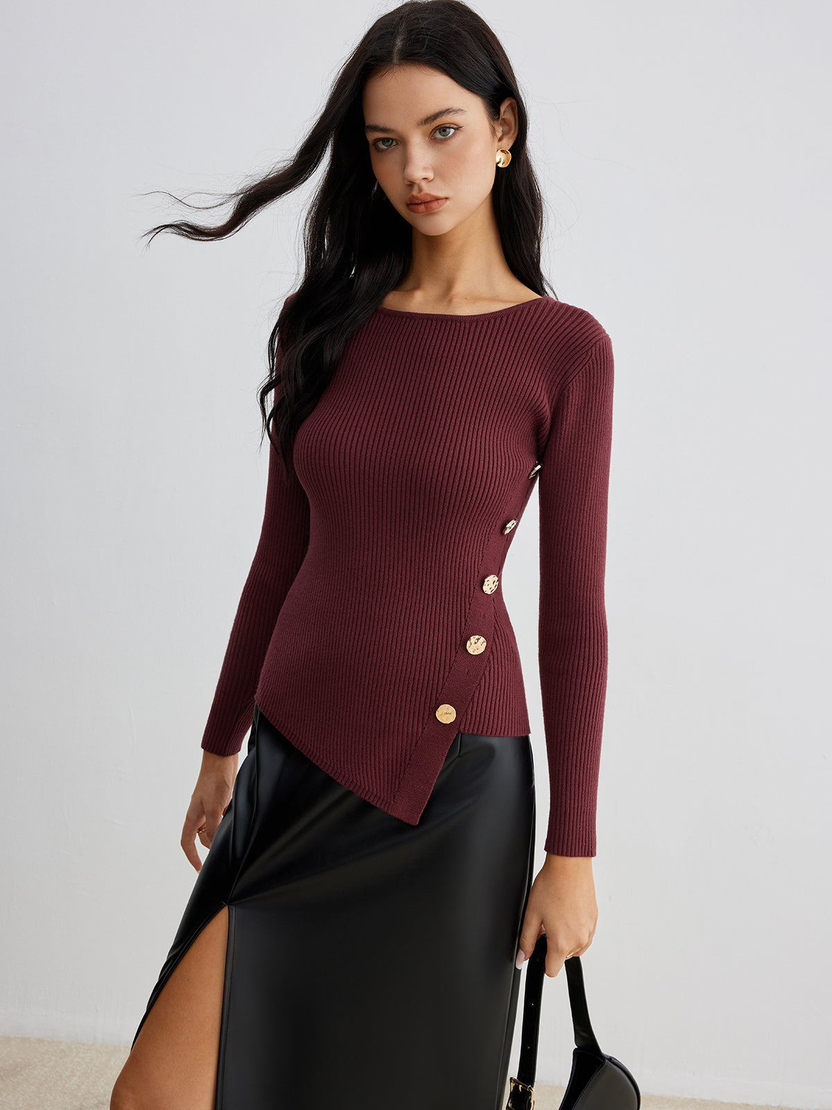 Asymmetrical Ribbed Slim Sweater-Massicos
