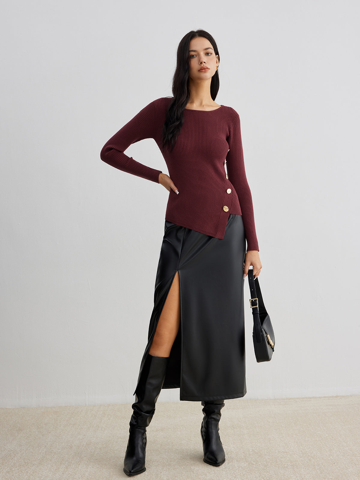 Asymmetrical Ribbed Slim Sweater-Massicos