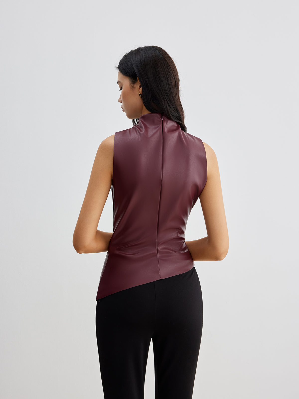 Mock Neck Faux Leather Cinched Tank Top-Massicos