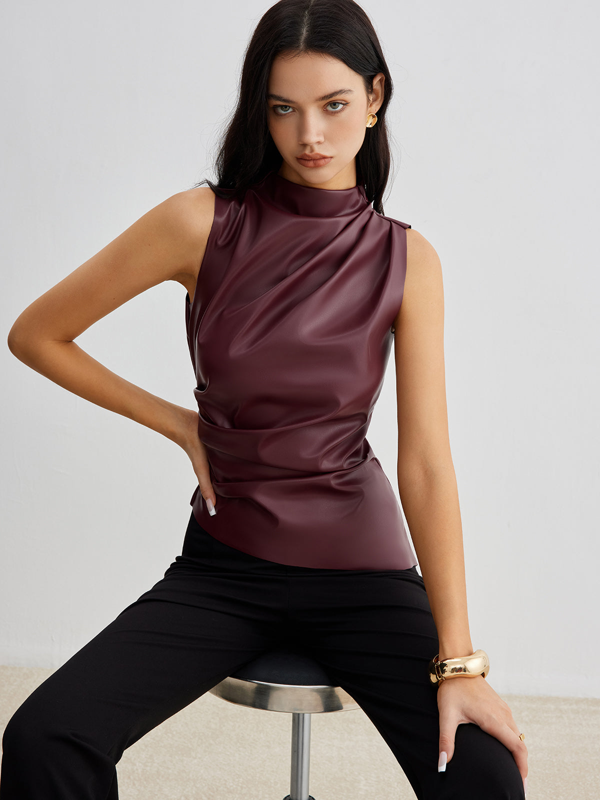 Mock Neck Faux Leather Cinched Tank Top-Massicos