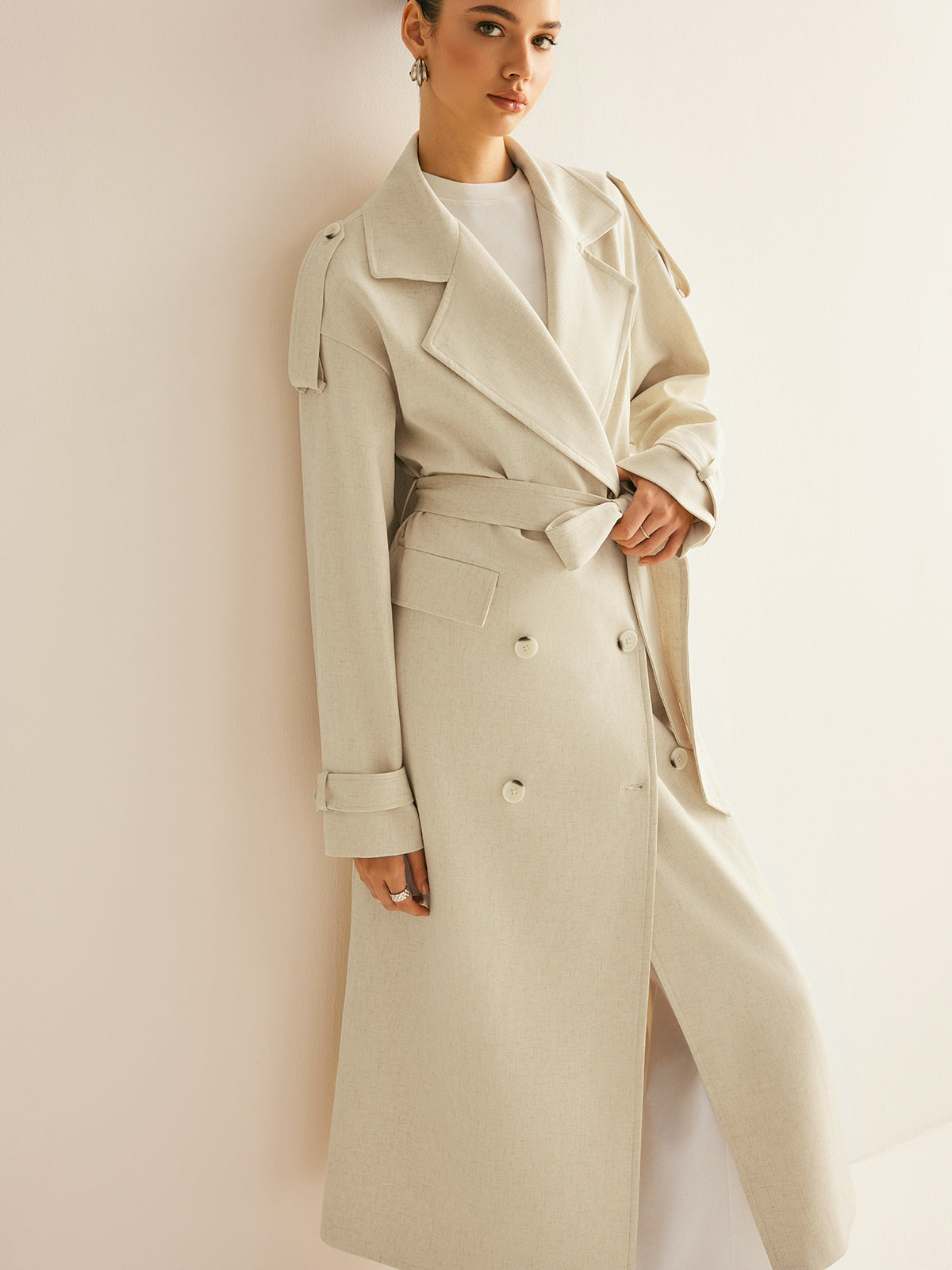 Lapel Pockets Belted Trench Coat-Massicos