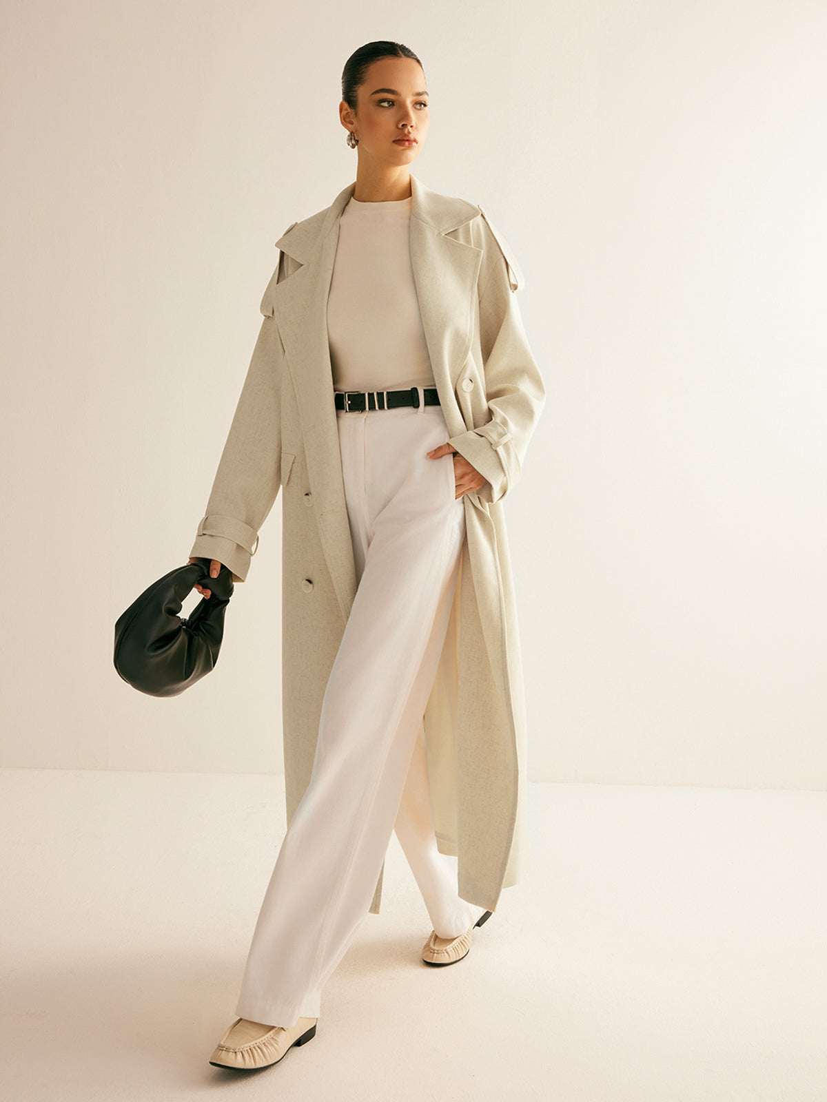 Lapel Pockets Belted Trench Coat-Massicos