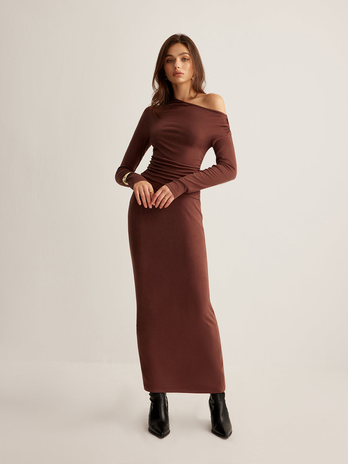 Asymmetrical Neck Slim Jersey Skirt Set-Massicos