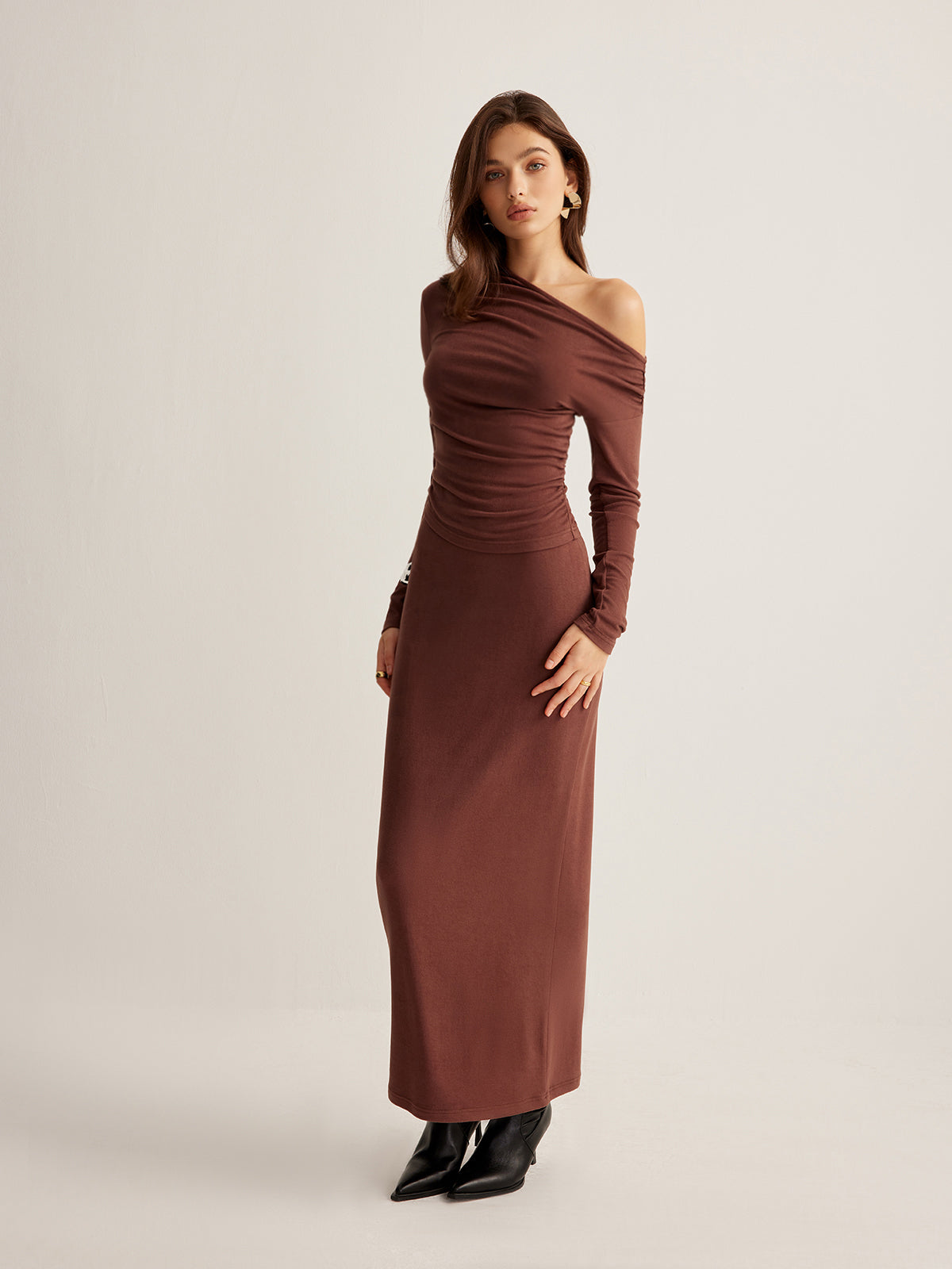 Asymmetrical Neck Slim Jersey Skirt Set-Massicos