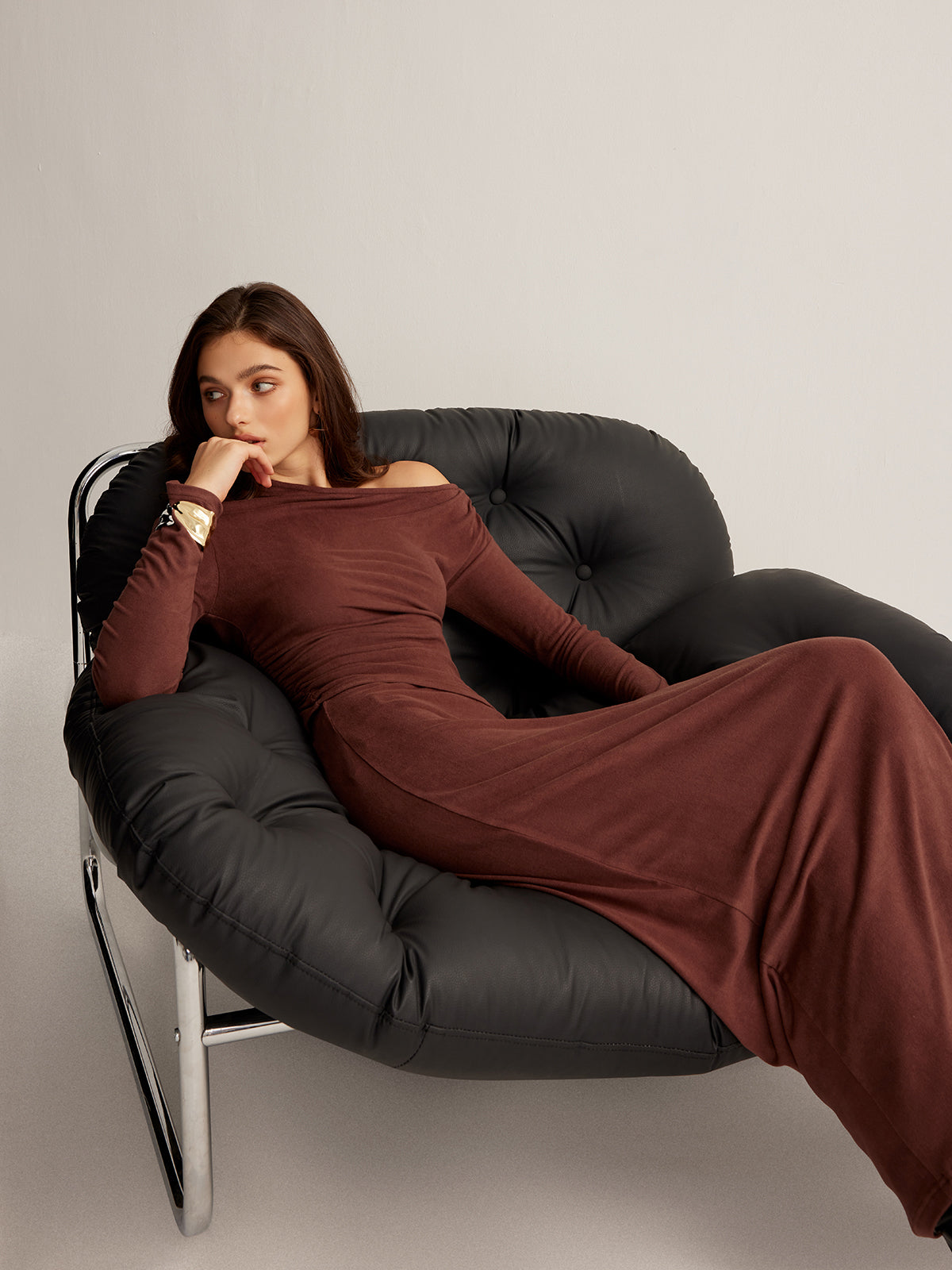 Asymmetrical Neck Slim Jersey Skirt Set-Massicos