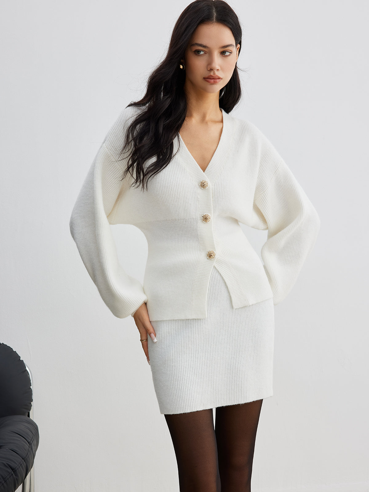Elegant Button Slit Cinched Cardigan-Massicos