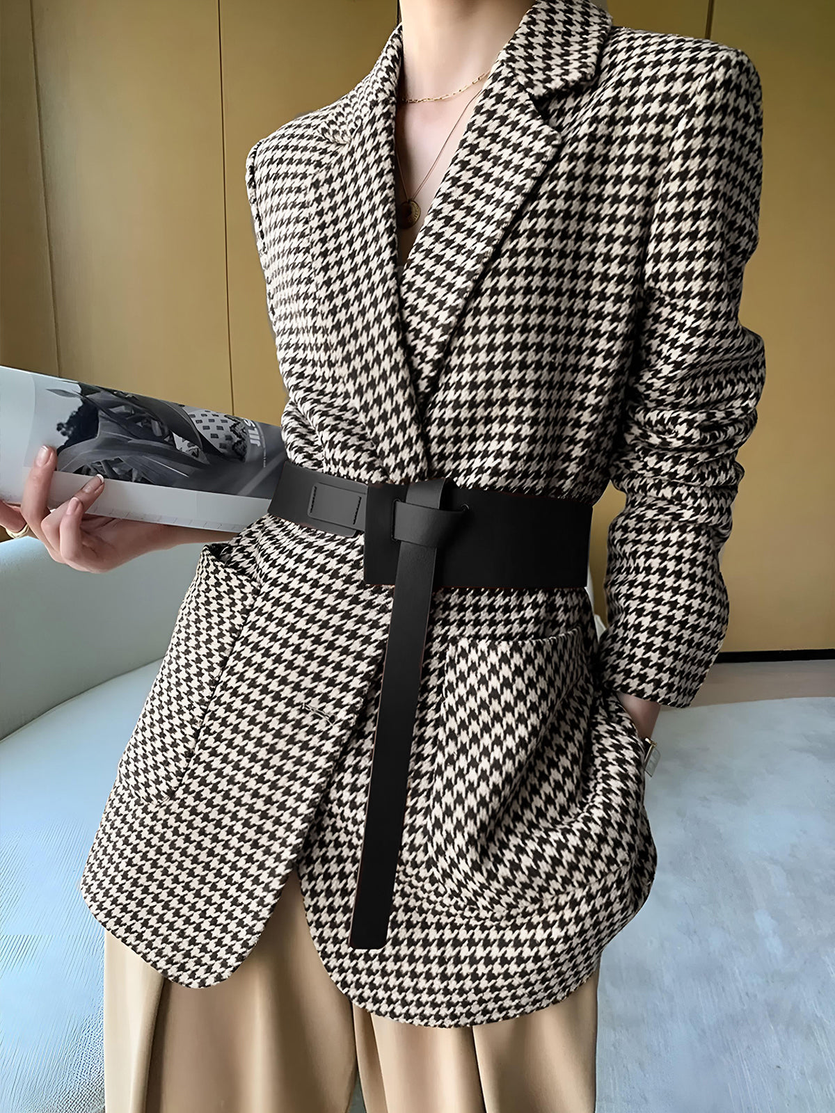 Houndstooth Split Blazer With Belt-Massicos