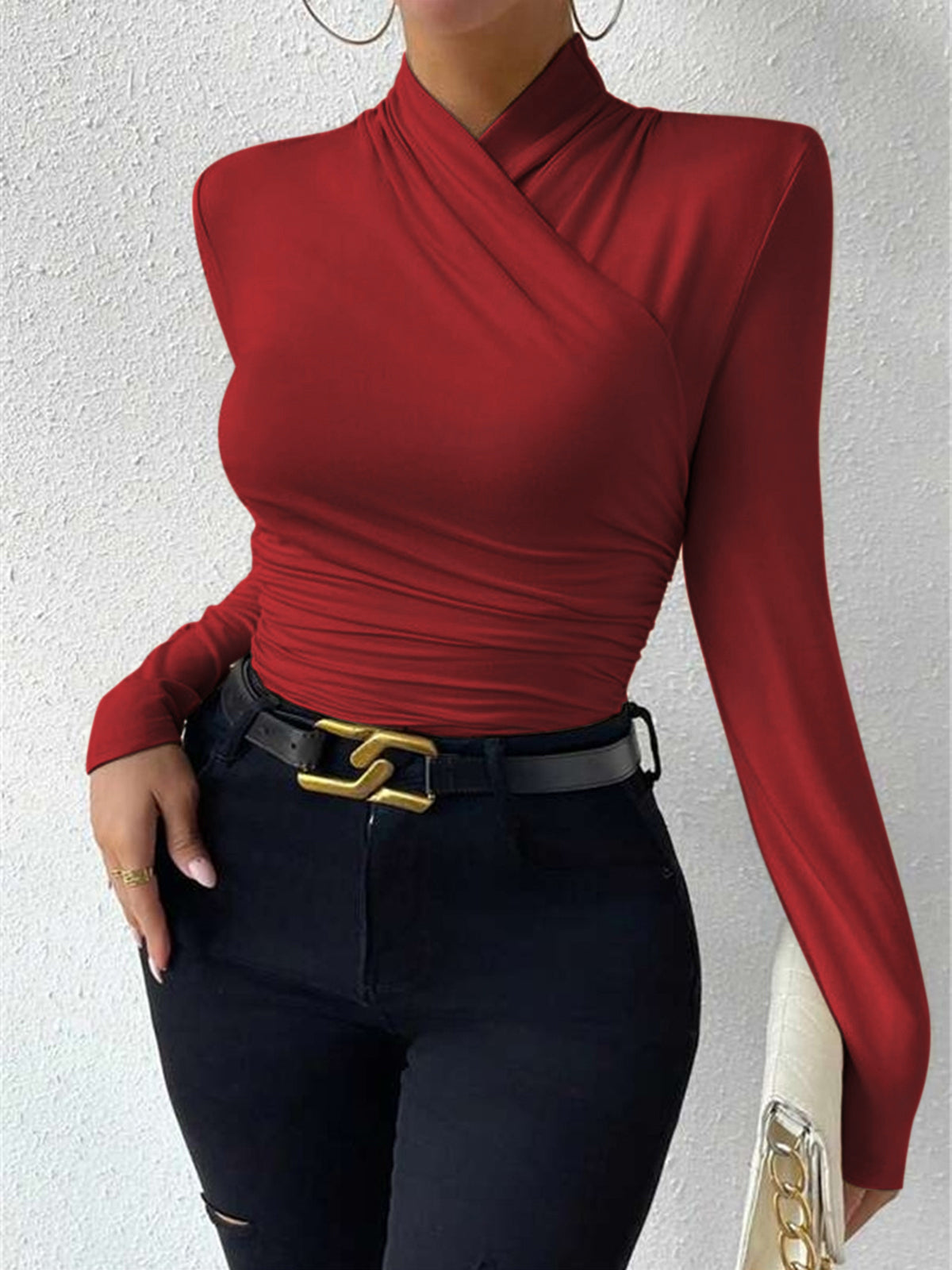 Cross-Over Collar Pleated Cinched T-Shirt-Massicos