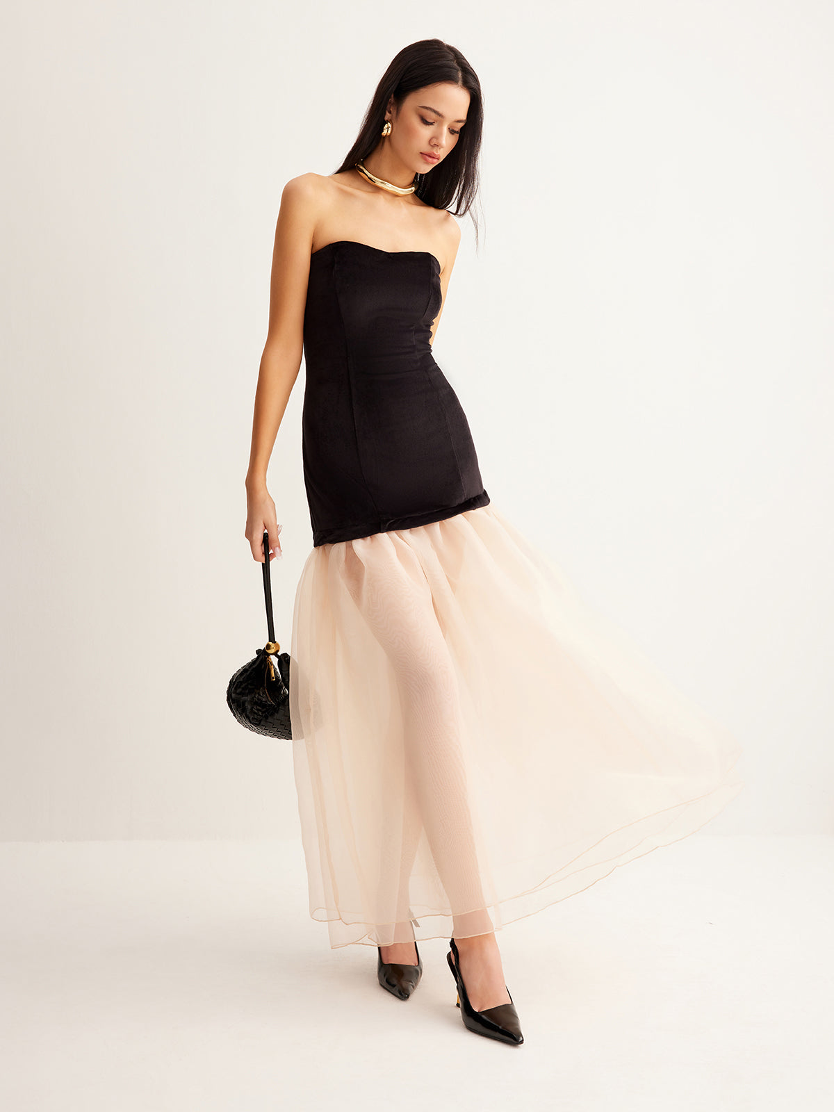 Semi-Sheer Velvet Panel Mesh Tube Dress-Massicos