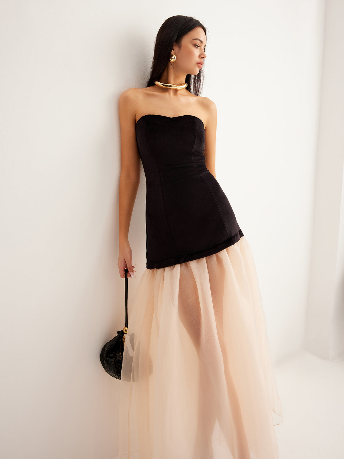 Semi-Sheer Velvet Panel Mesh Tube Dress-Massicos