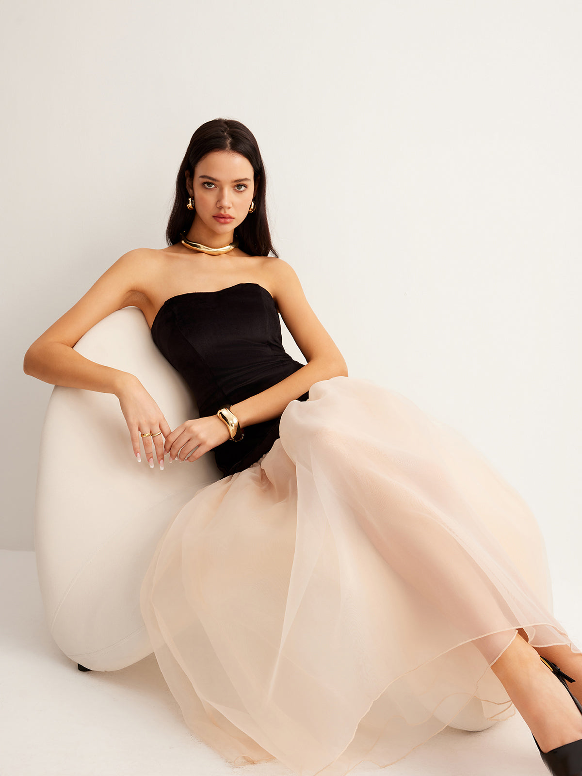 Semi-Sheer Velvet Panel Mesh Tube Dress-Massicos
