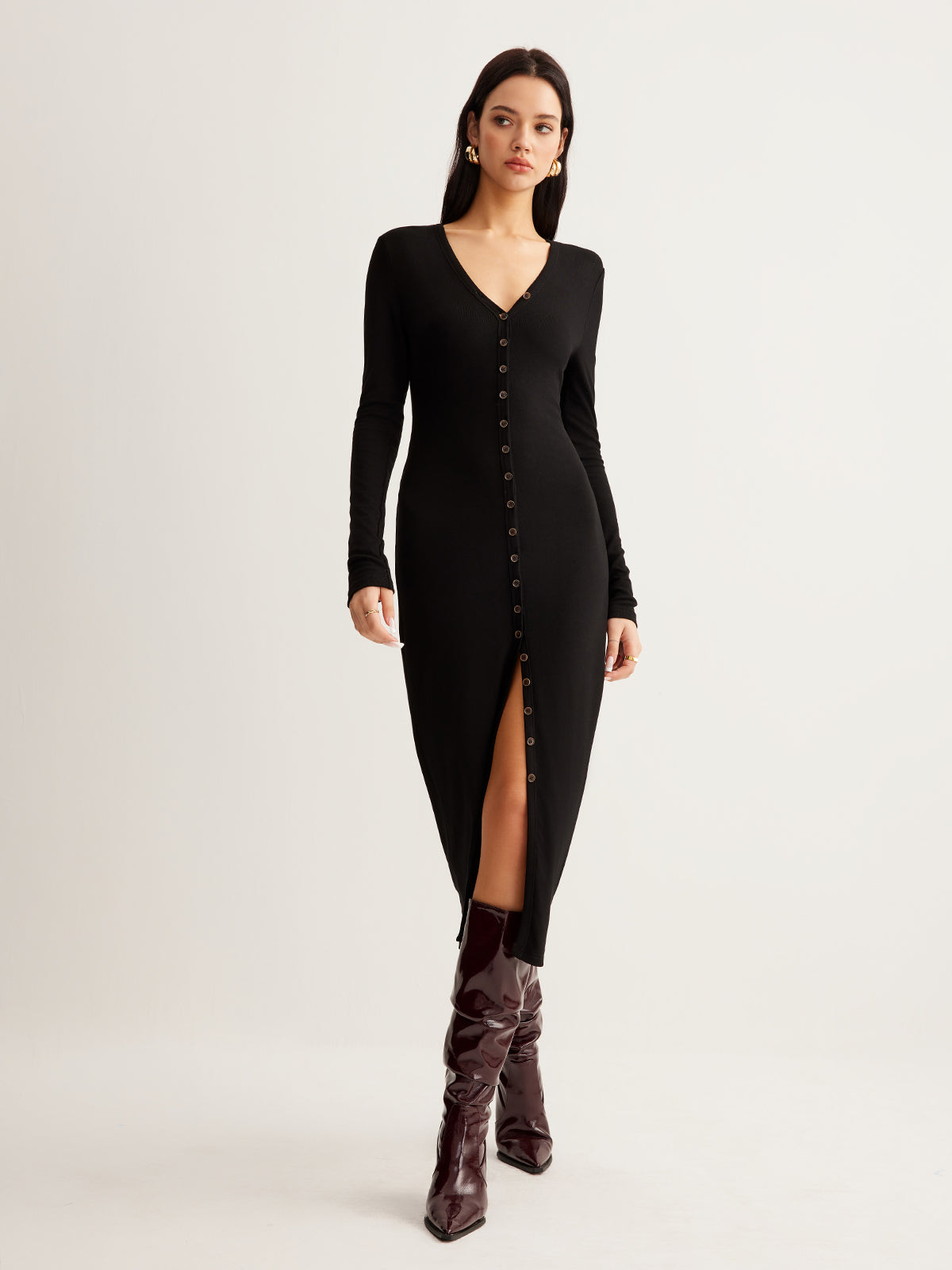 V-Neck Button Slim Long Dress-Massicos