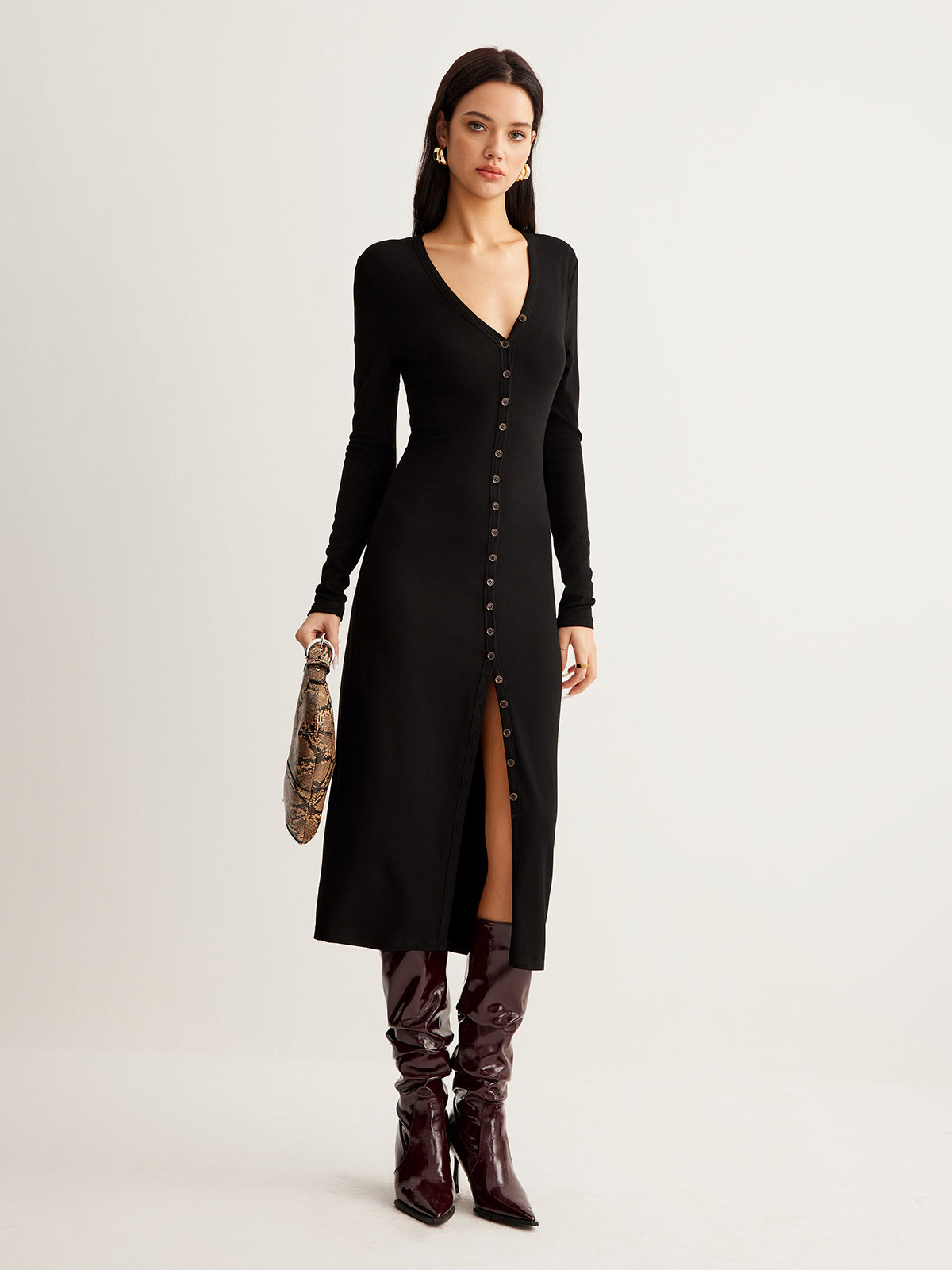 V-Neck Button Slim Long Dress-Massicos
