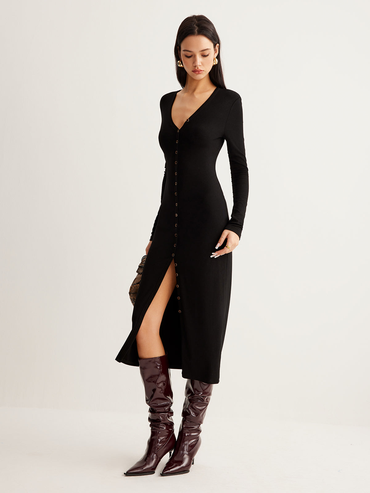 V-Neck Button Slim Long Dress-Massicos