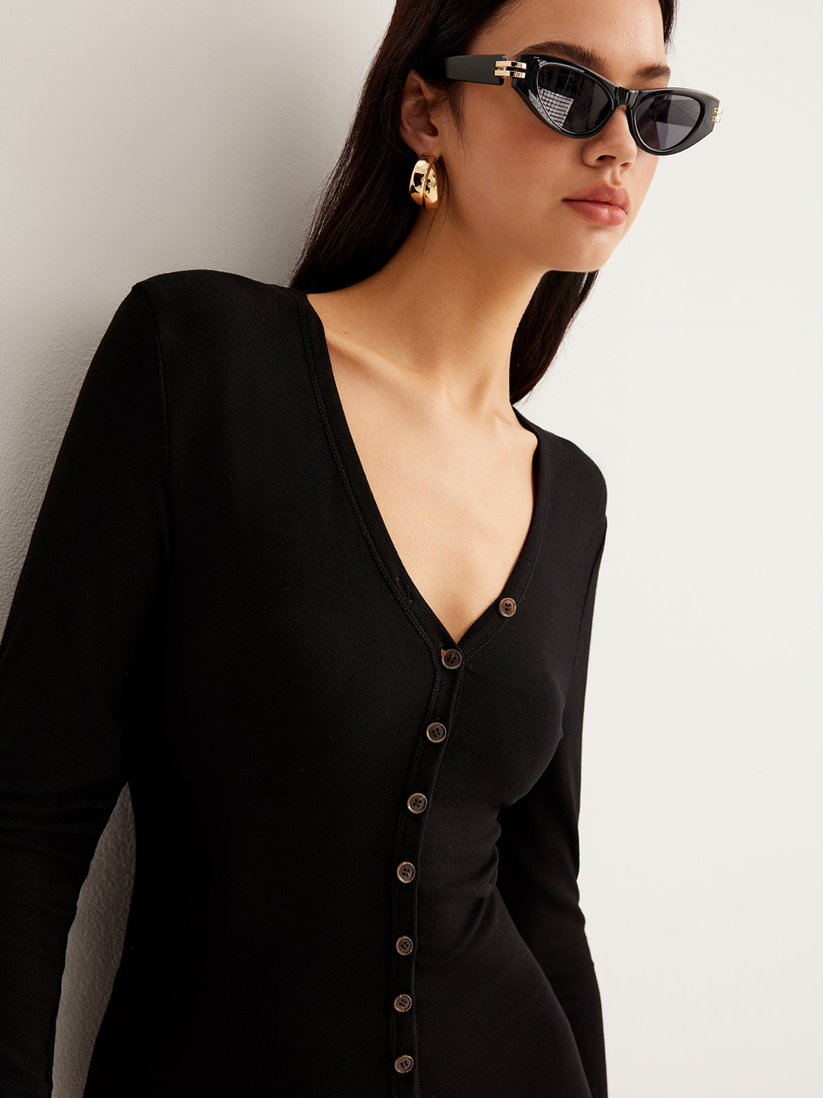 V-Neck Button Slim Long Dress-Massicos