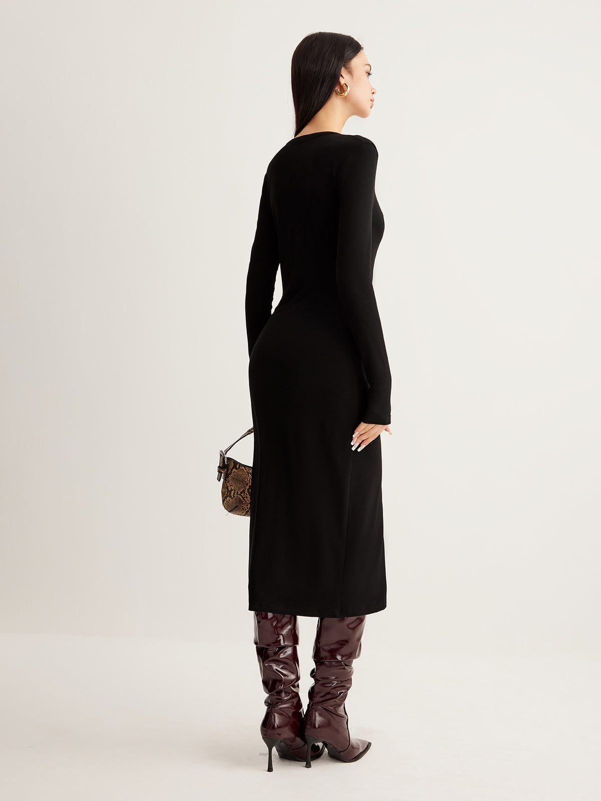 V-Neck Button Slim Long Dress-Massicos