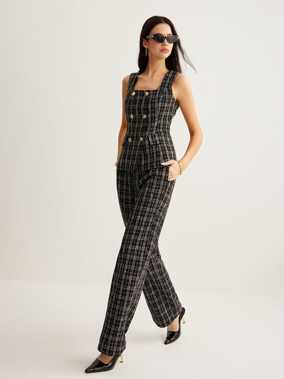 Checked Tweed Button Vest-Massicos
