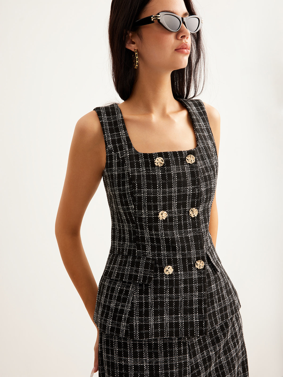 Checked Tweed Button Vest-Massicos