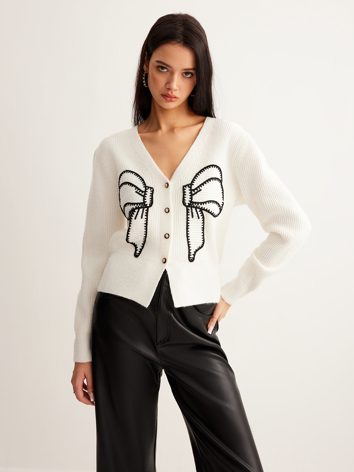 Embroidery-Bow Button Short Cardigan-Massicos